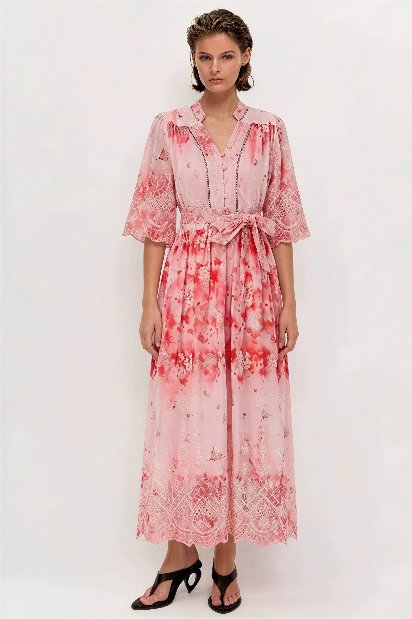 Floral Embroidered Midi Dress With Belt