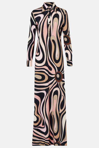 Abstract Print Shirt Collar Long Sleeve Maxi Dress