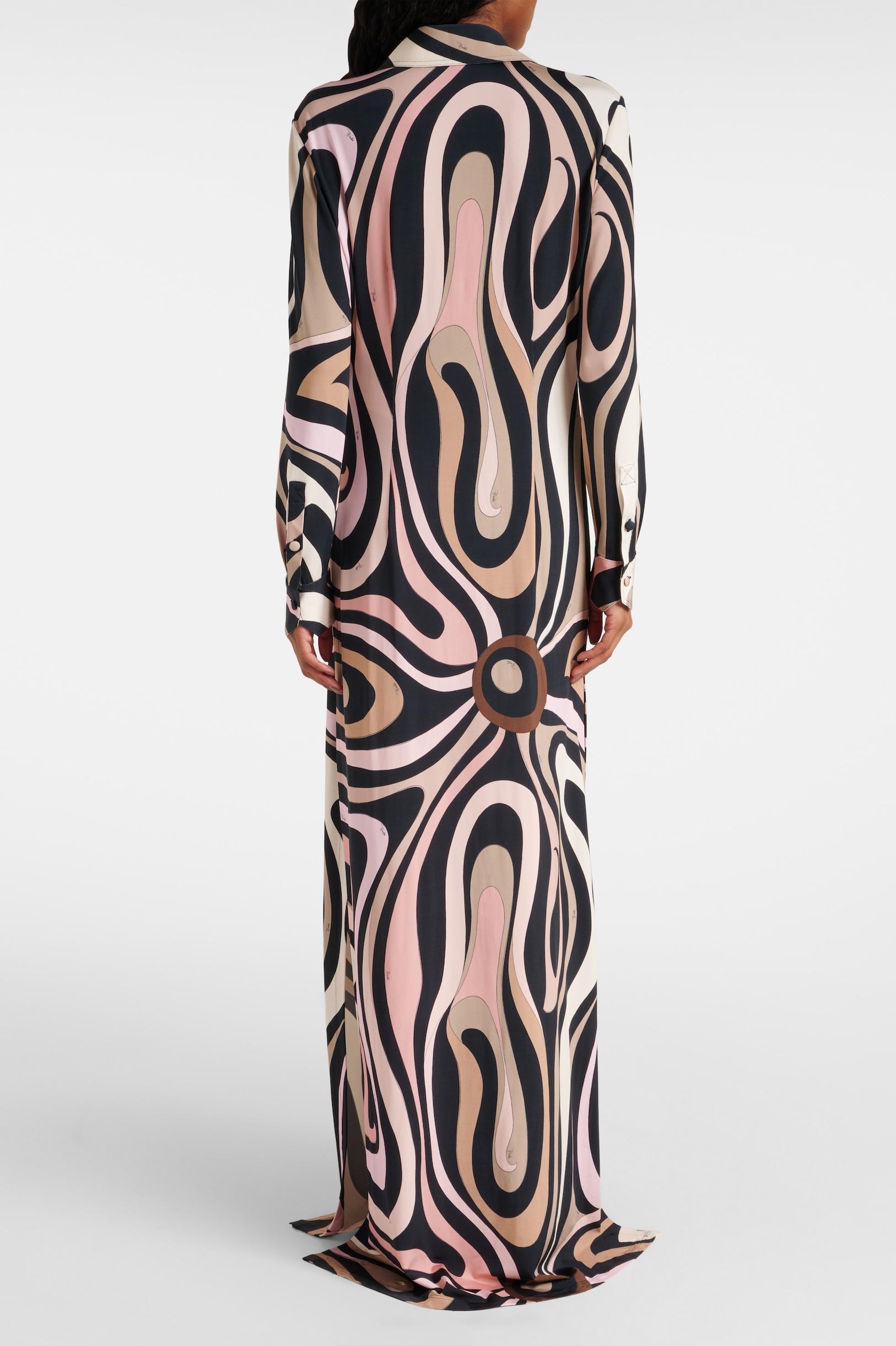 Abstract Print Shirt Collar Long Sleeve Maxi Dress