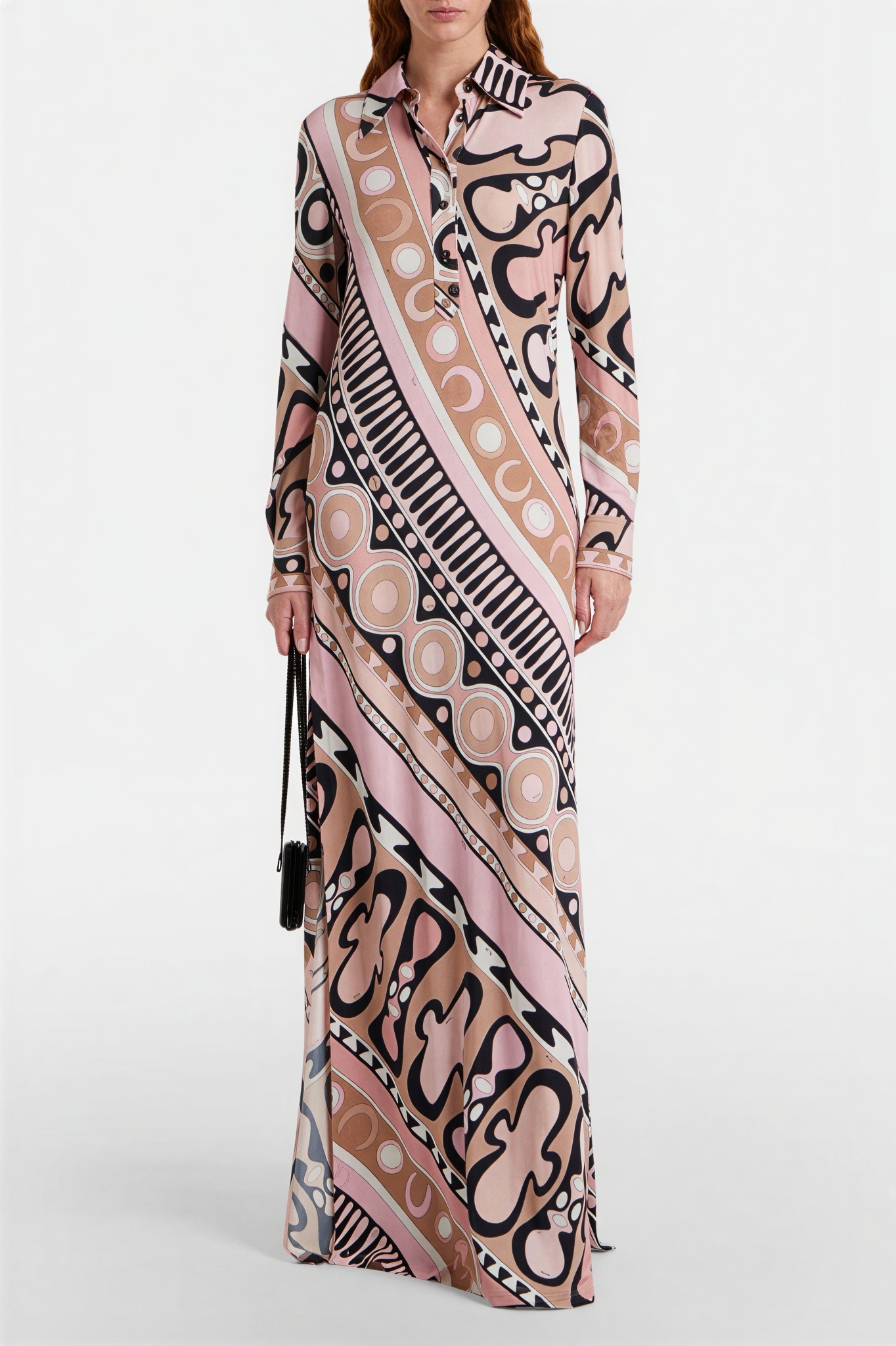 Abstract Print Shirt Collar Slit Maxi Dress