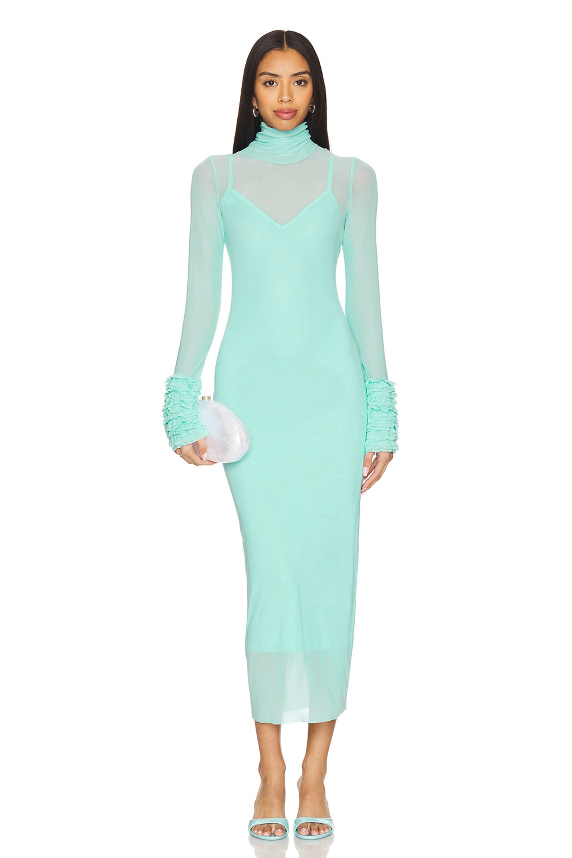 High Neck Frill Long Sleeve Midi Dress