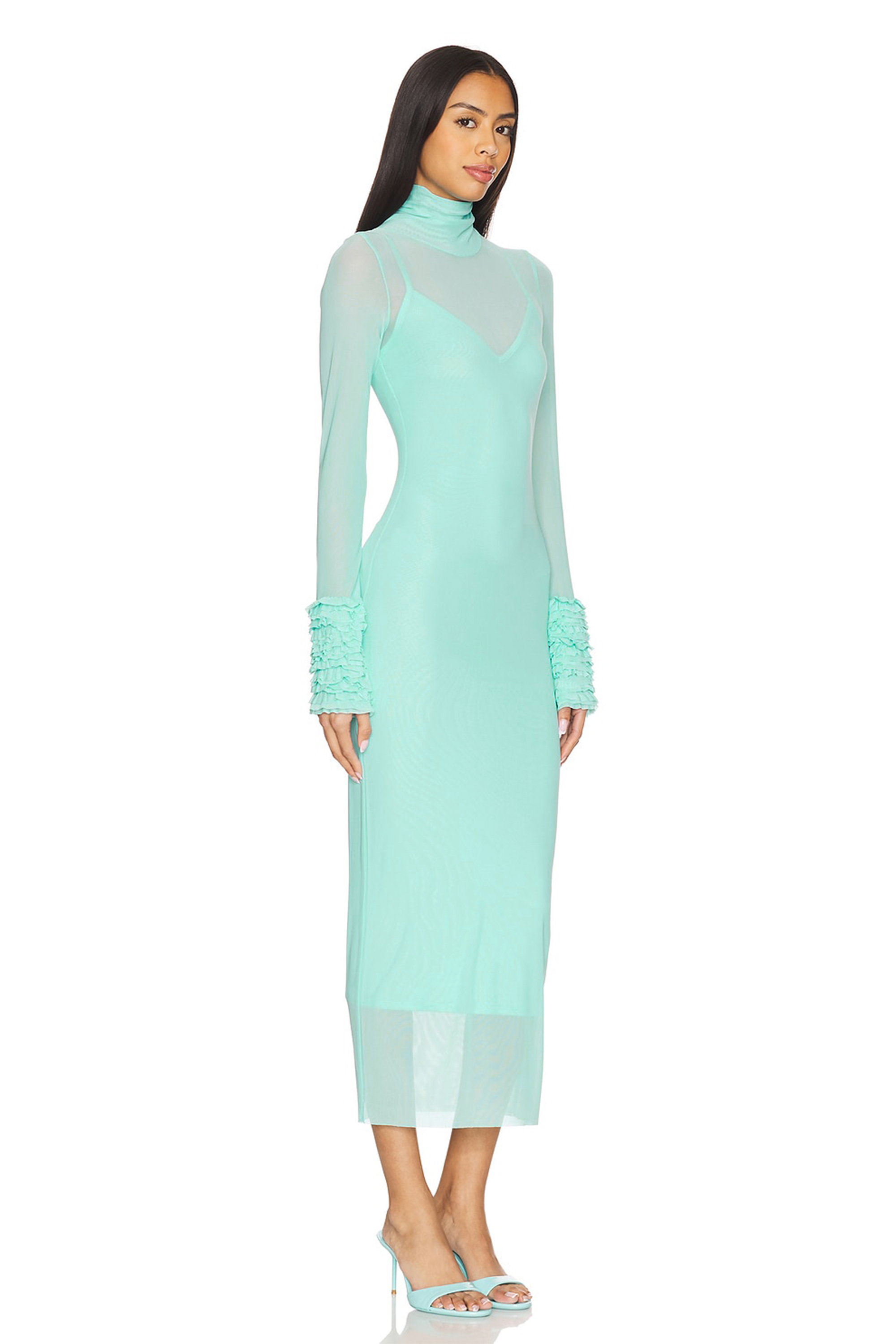High Neck Frill Long Sleeve Midi Dress