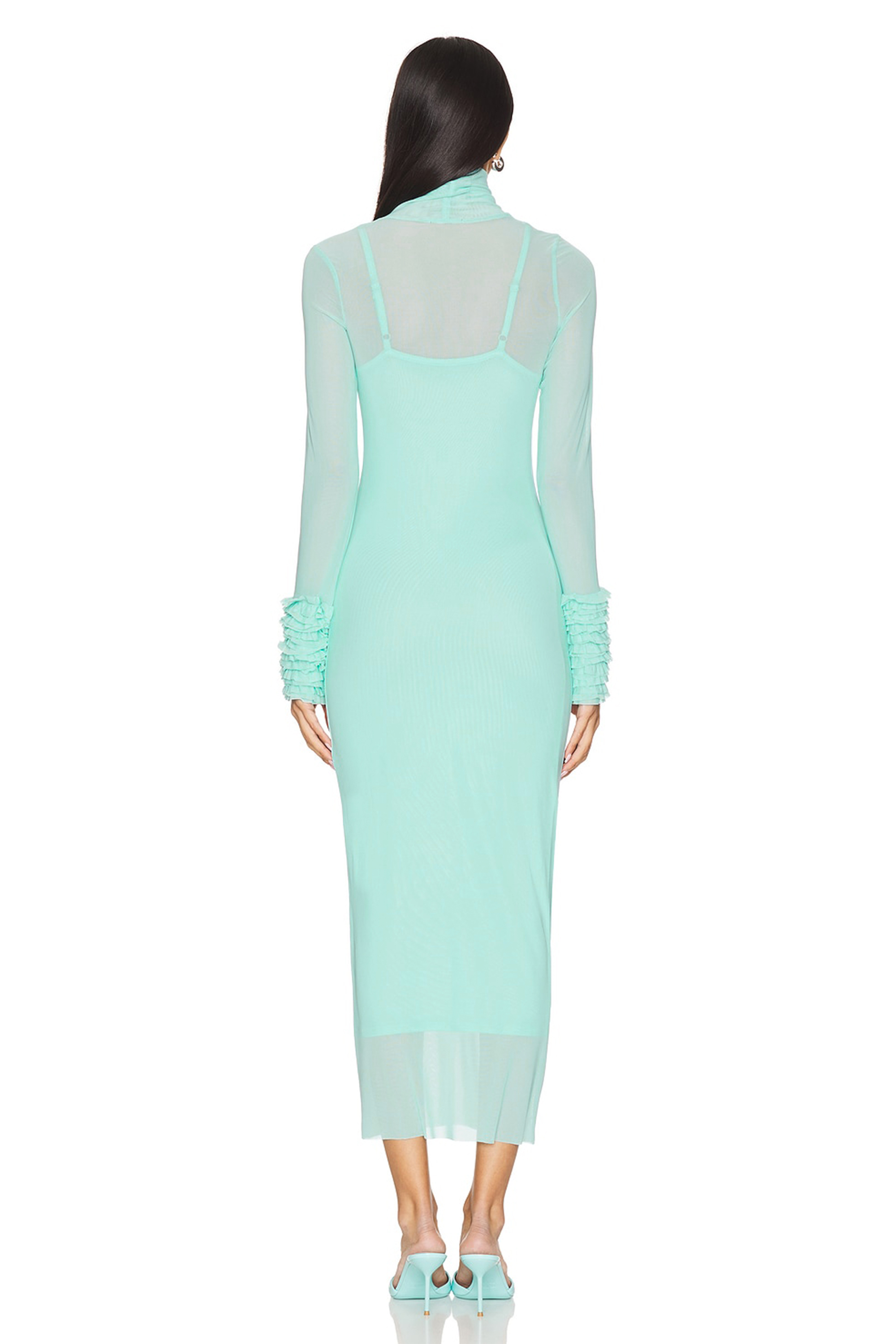 High Neck Frill Long Sleeve Midi Dress