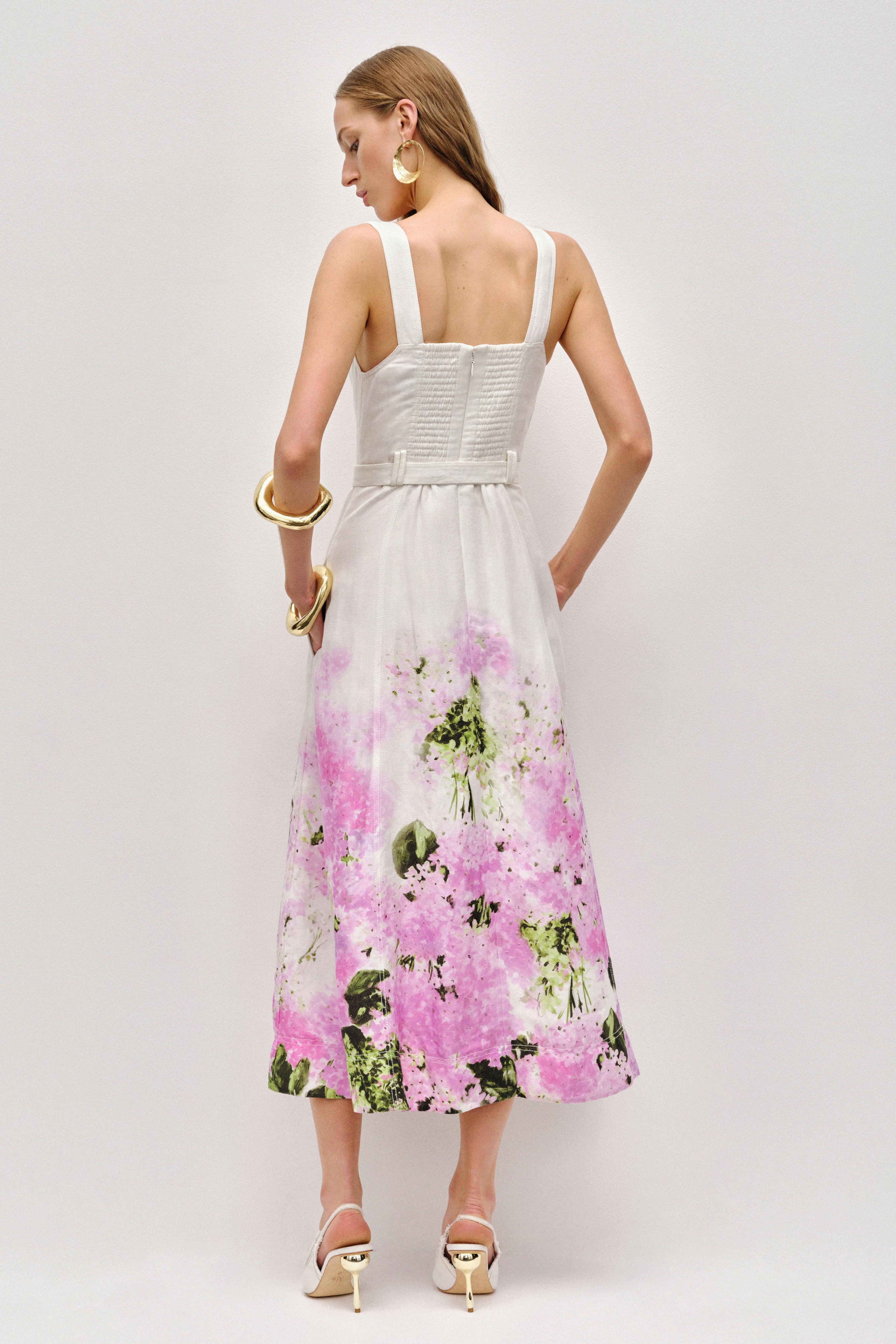 Floral Sweetheart Neck Midi Dress With Belt