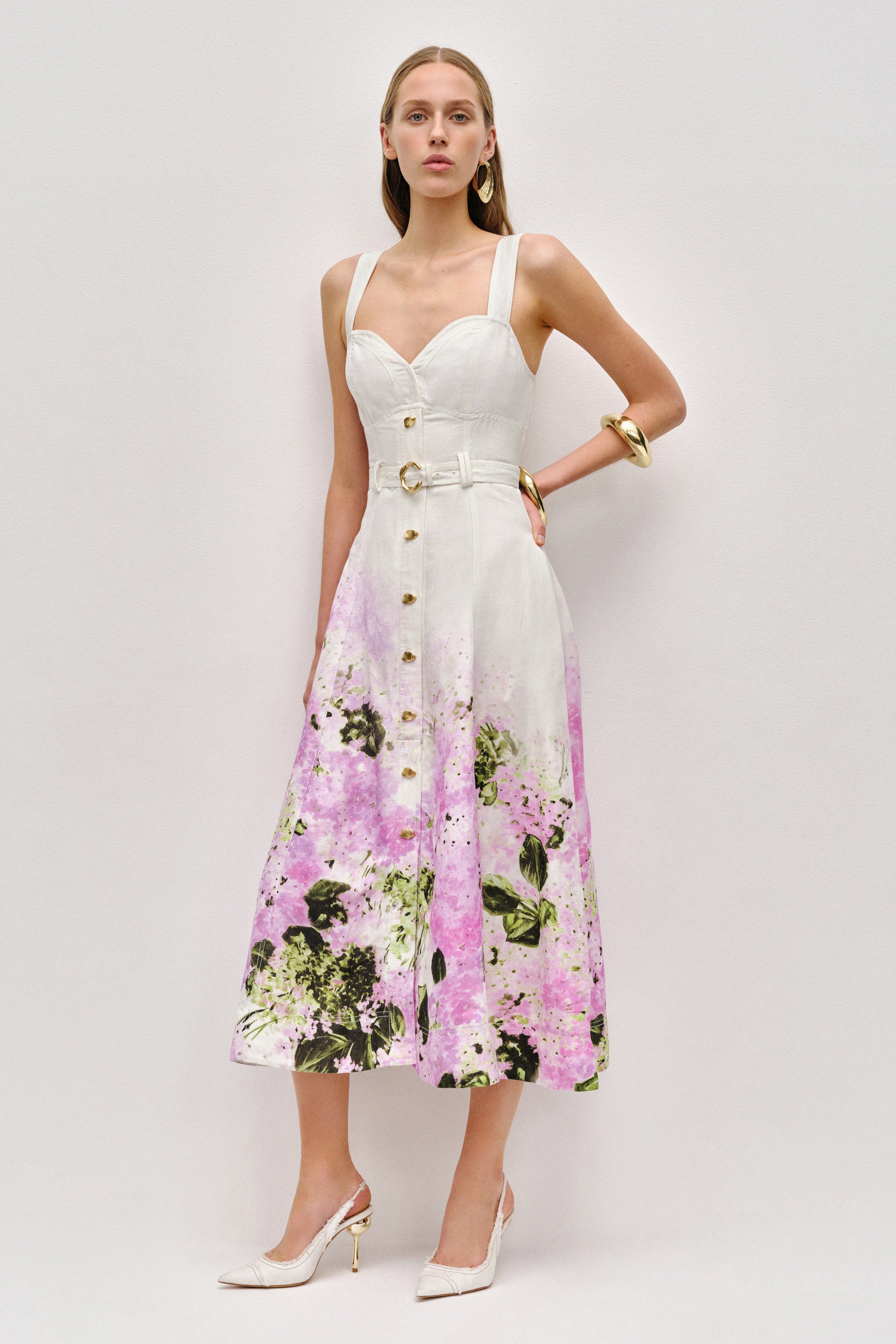 Floral Sweetheart Neck Midi Dress With Belt