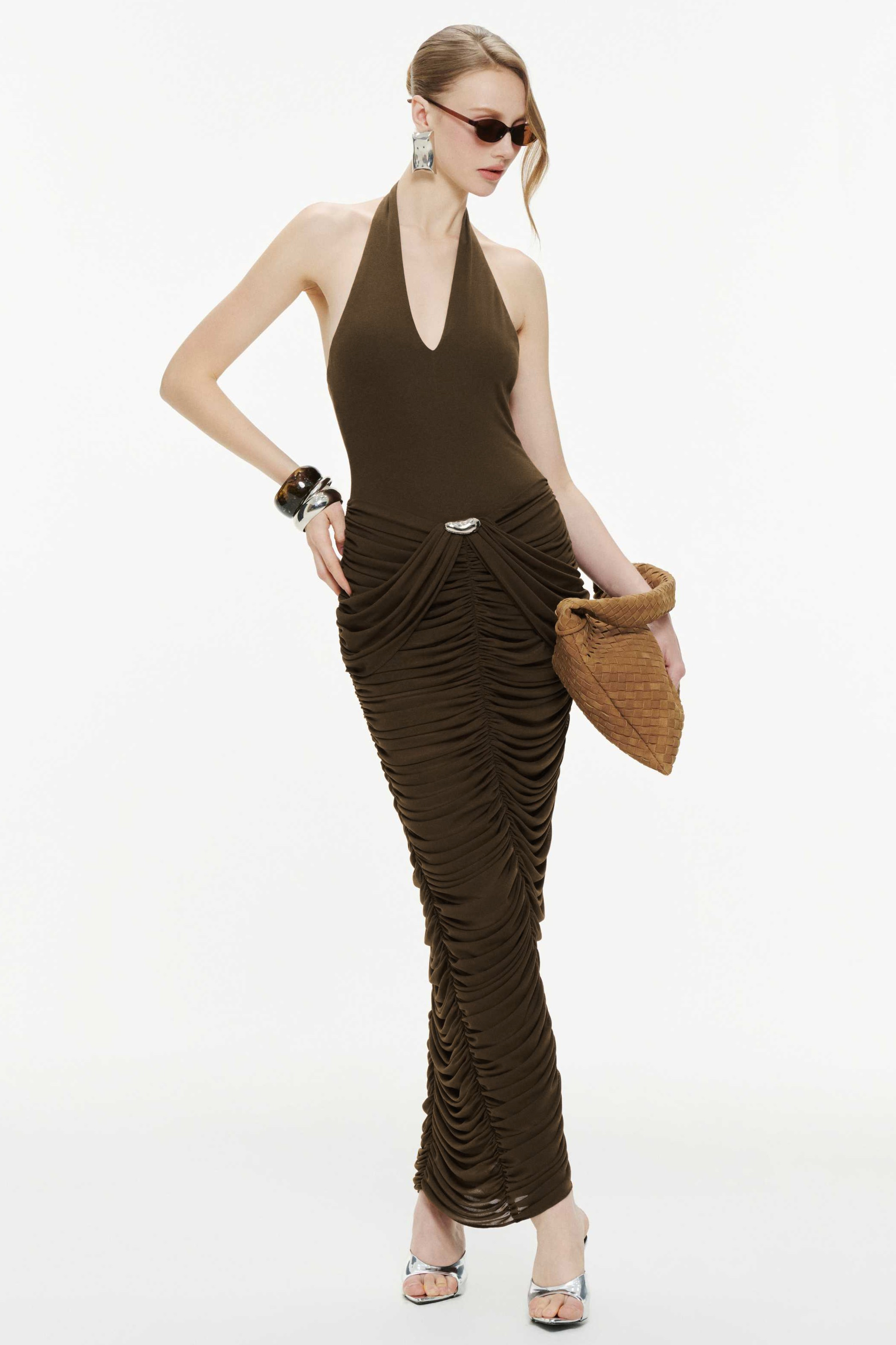 Halter Neck Metal Decorations Gathering Midi Dress