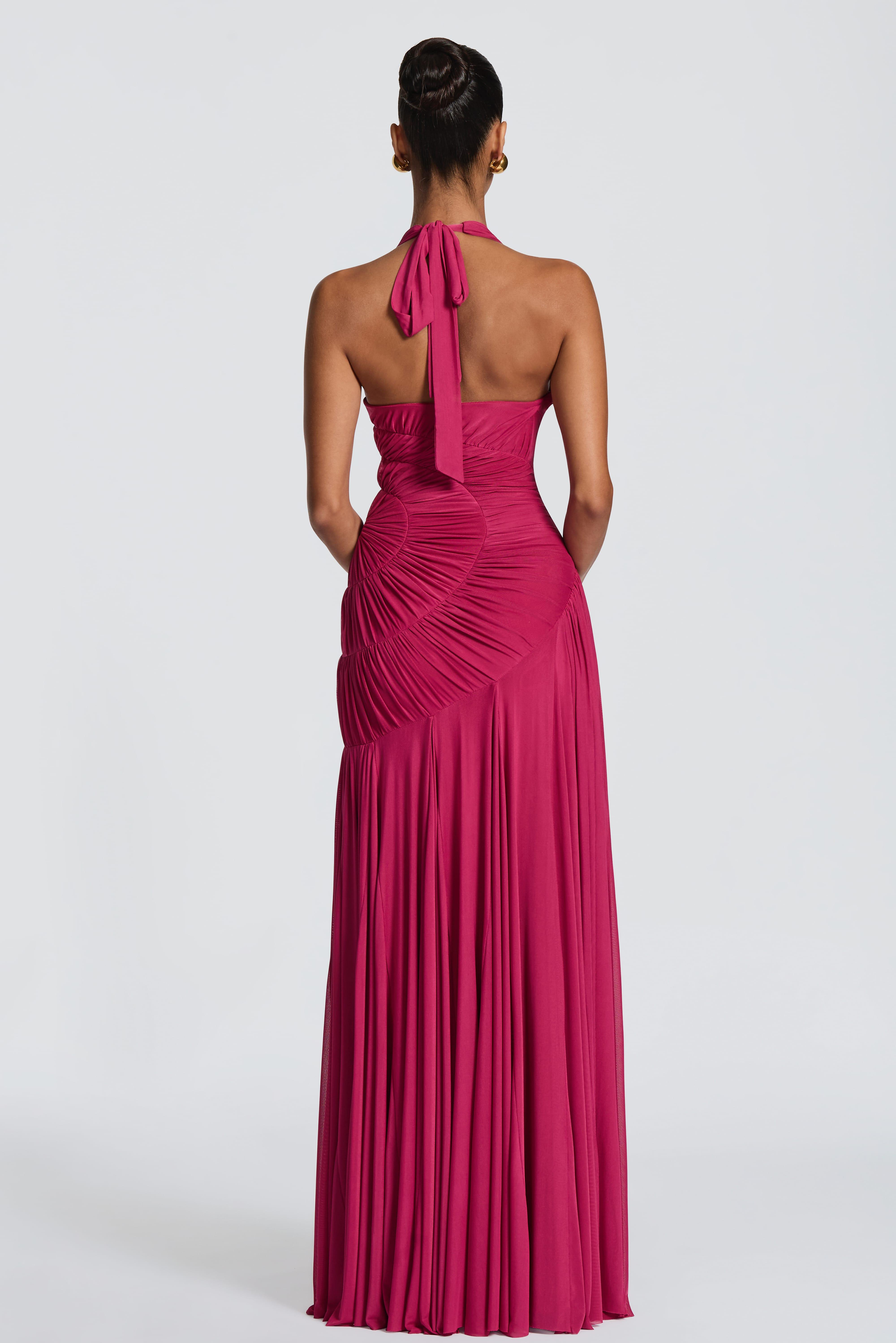 Solid Halter Neck Gathering Maxi Dress
