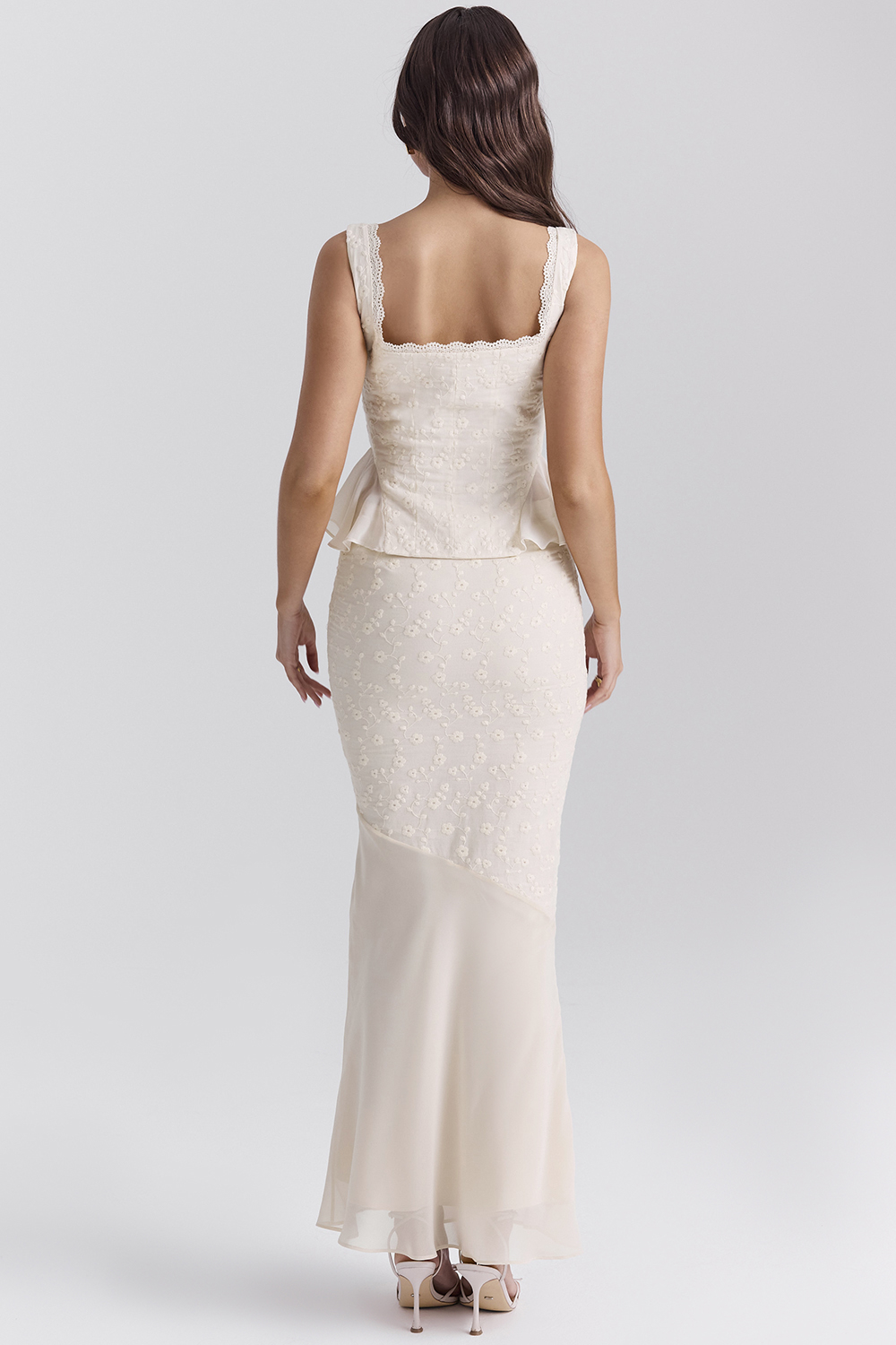 Embroidered Button Top & High Waist Midi Skirt Set