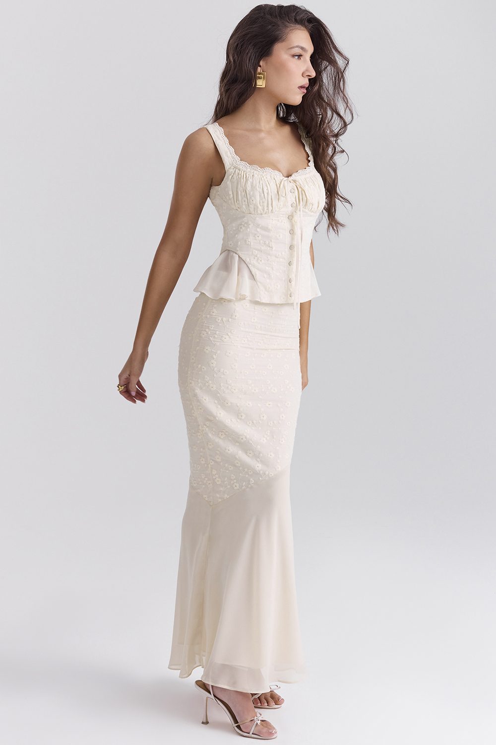 Embroidered Button Top & High Waist Midi Skirt Set