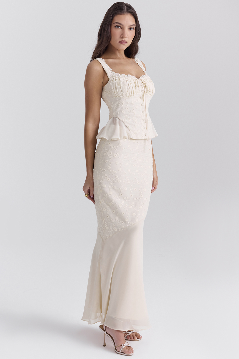 Embroidered Button Top & High Waist Midi Skirt Set