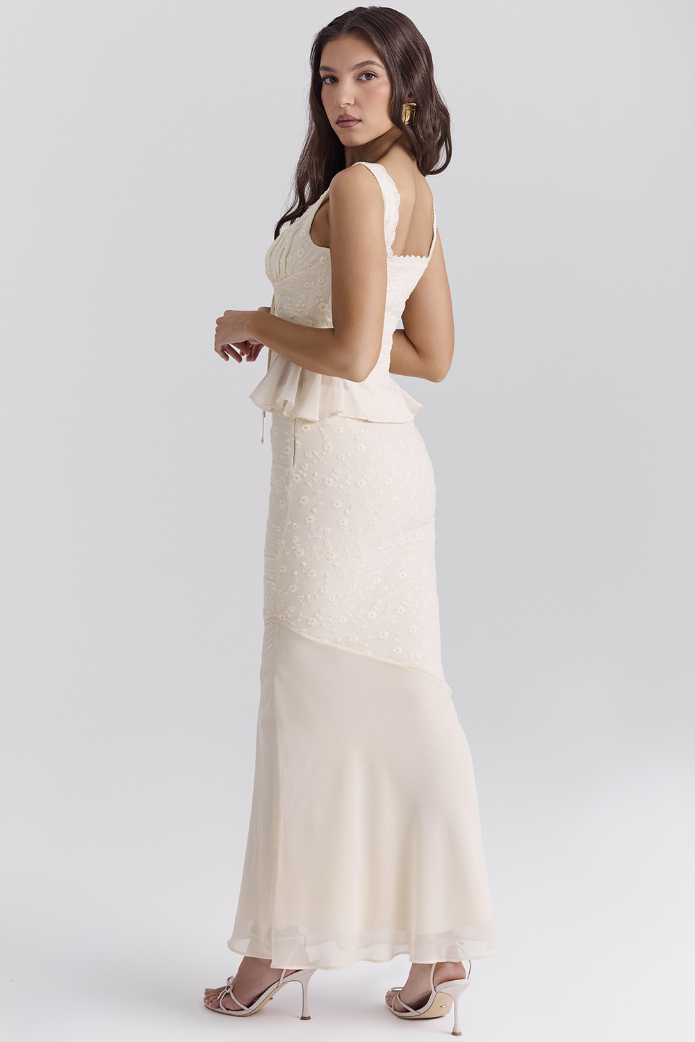 Embroidered Button Top & High Waist Midi Skirt Set