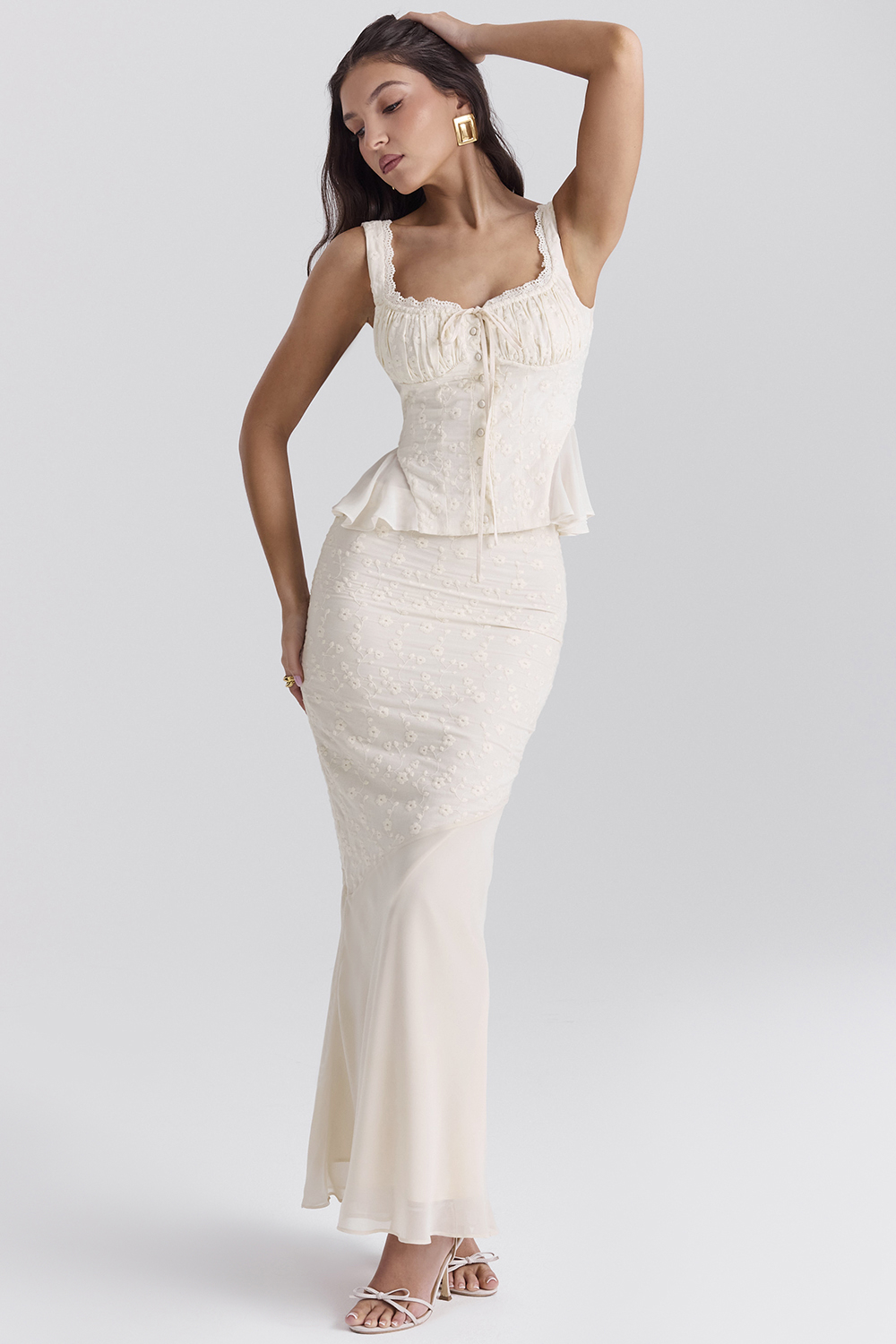 Embroidered Button Top & High Waist Midi Skirt Set
