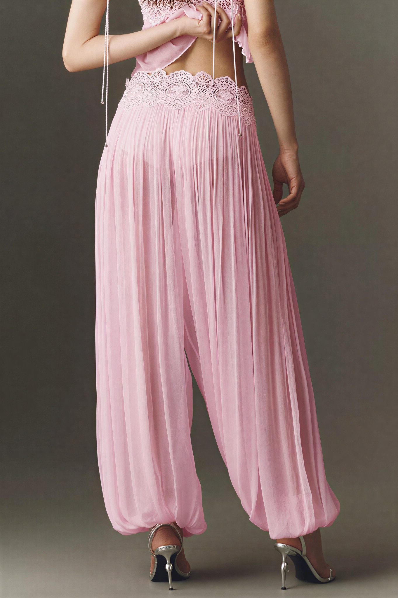Lace Ruffle Slip Top & Mid Waist Pants Set