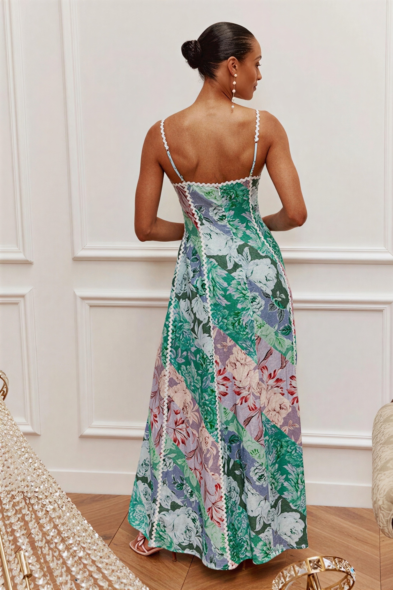 Floral Wave Trim Slip Maxi Dress