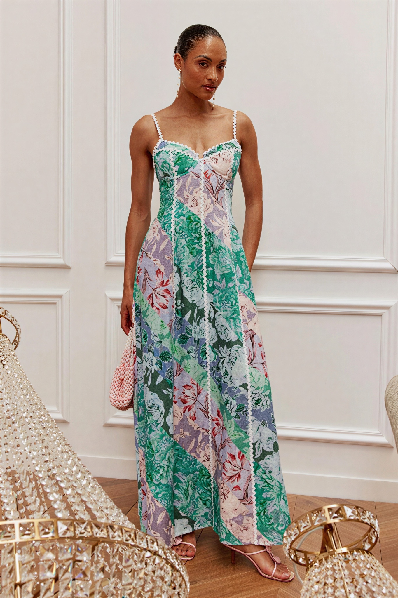 Floral Wave Trim Slip Maxi Dress