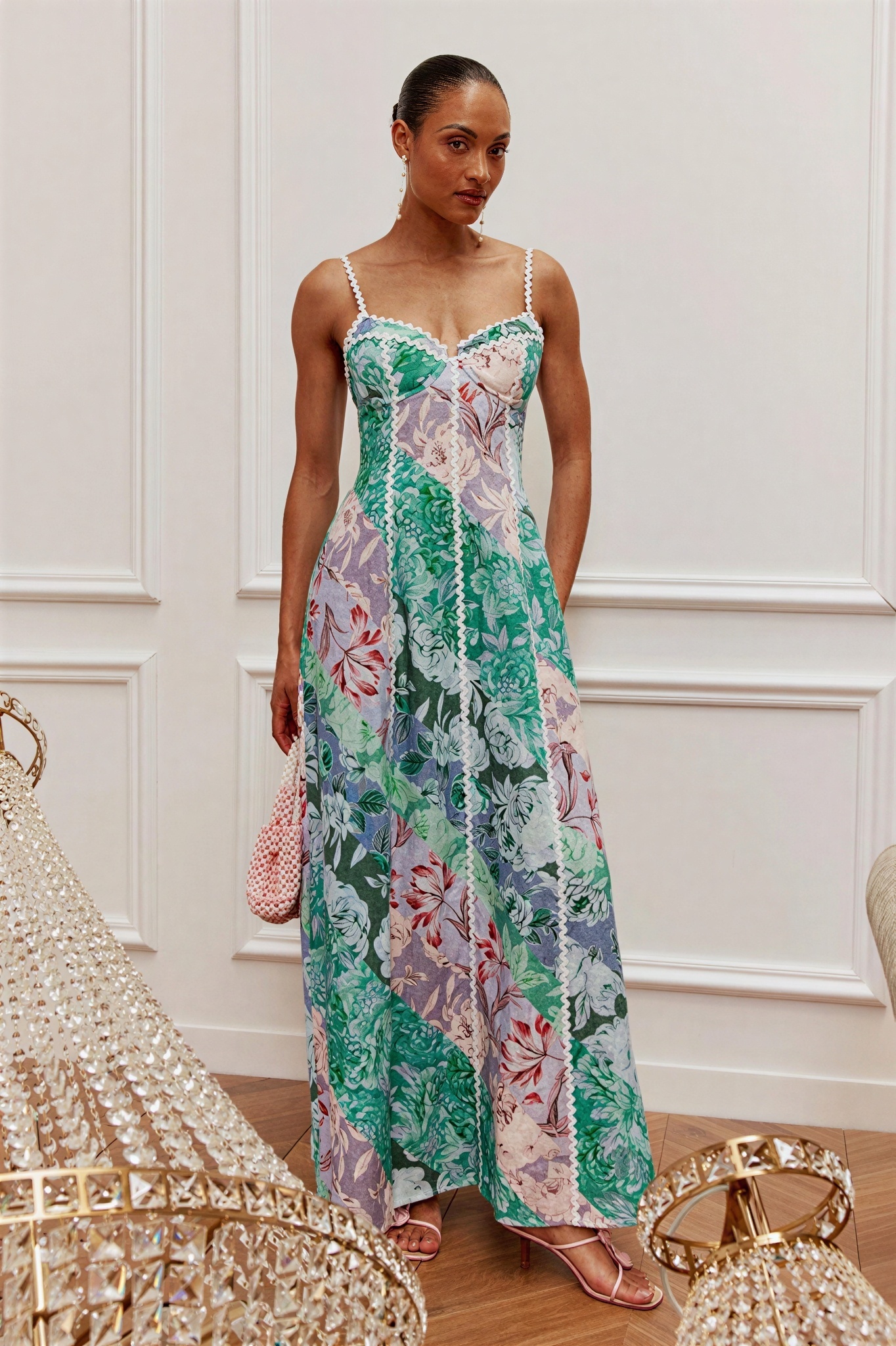 Floral Wave Trim Slip Maxi Dress