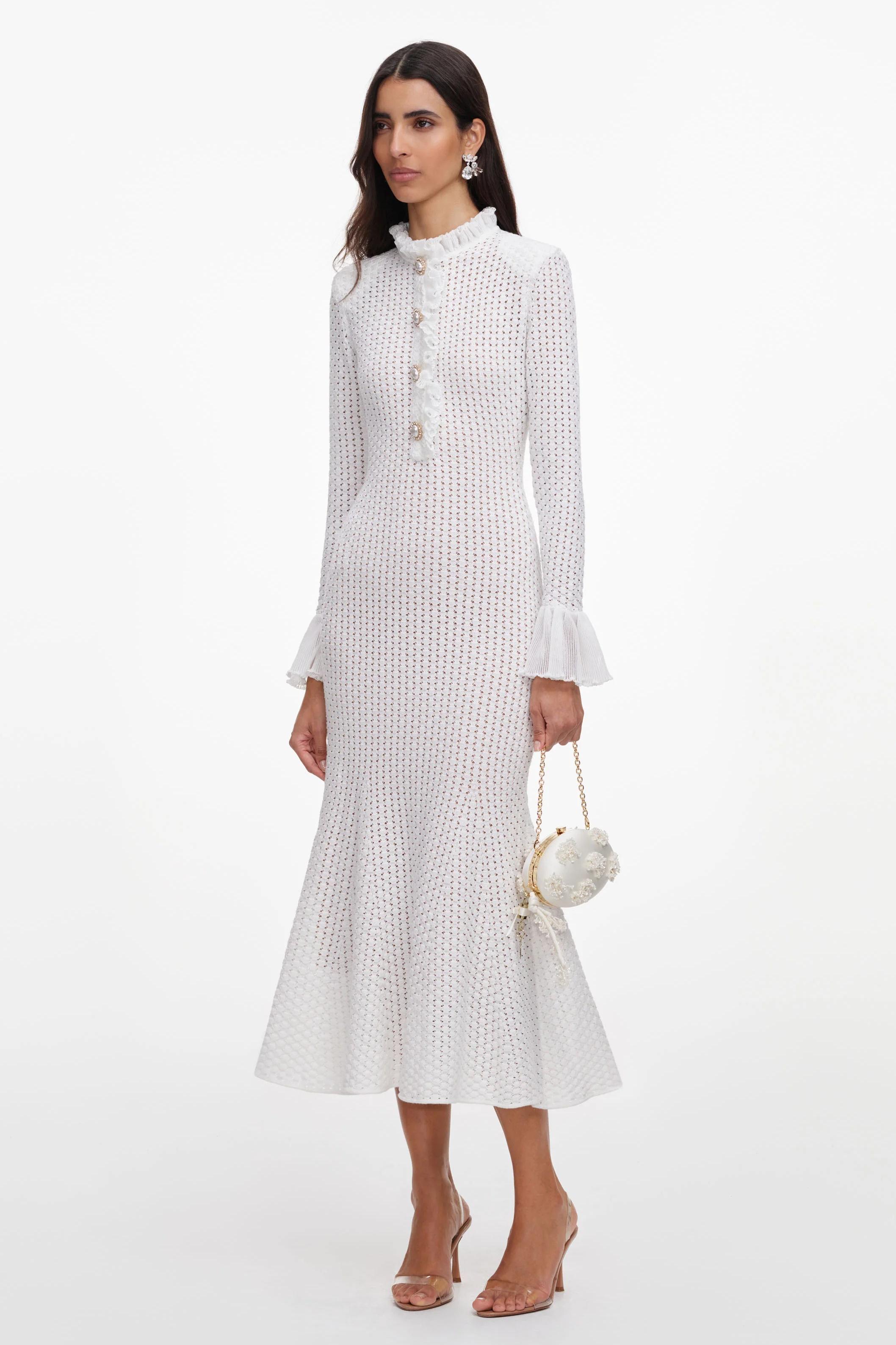 Frill Button Long Sleeve Midi Dress