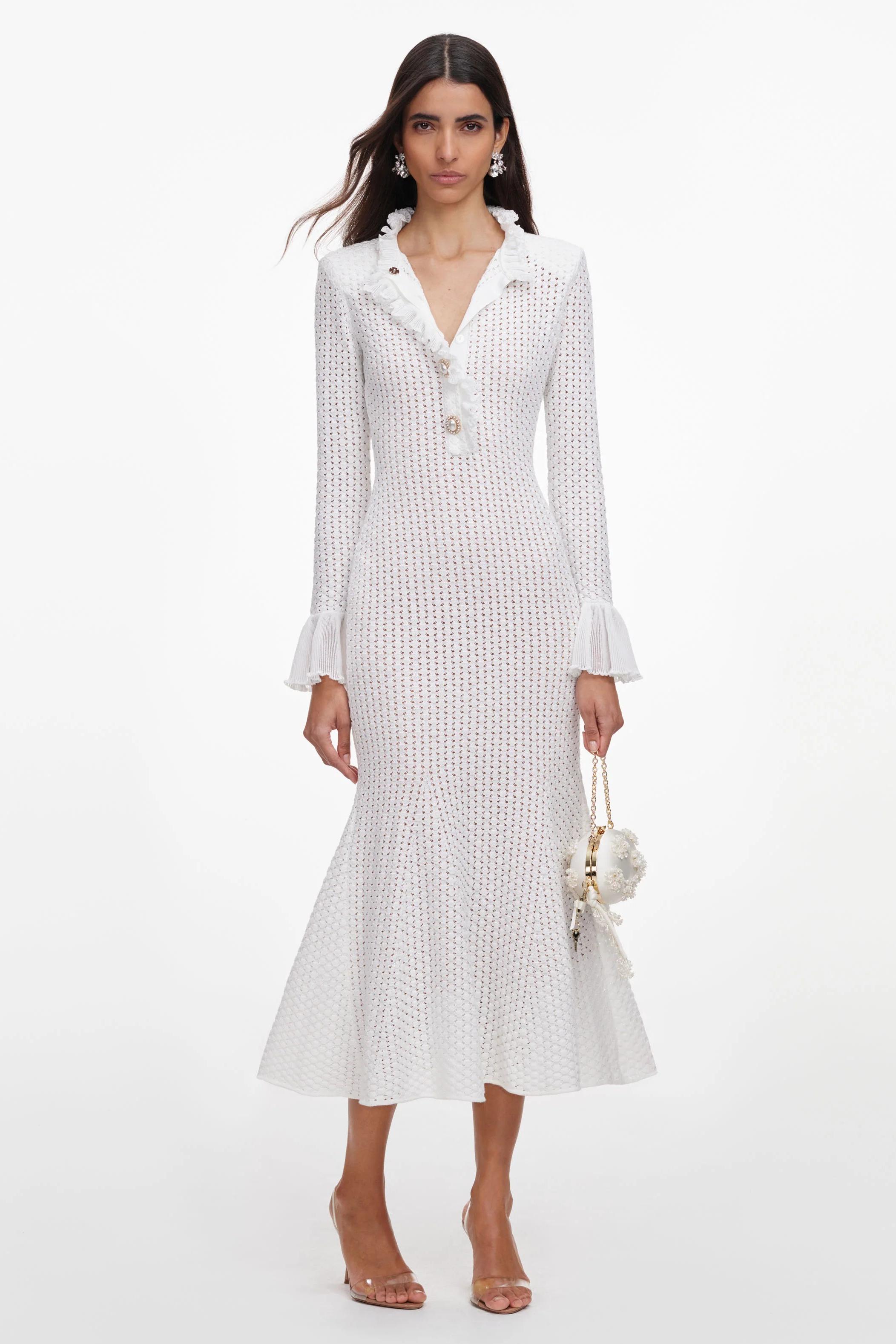 Frill Button Long Sleeve Midi Dress