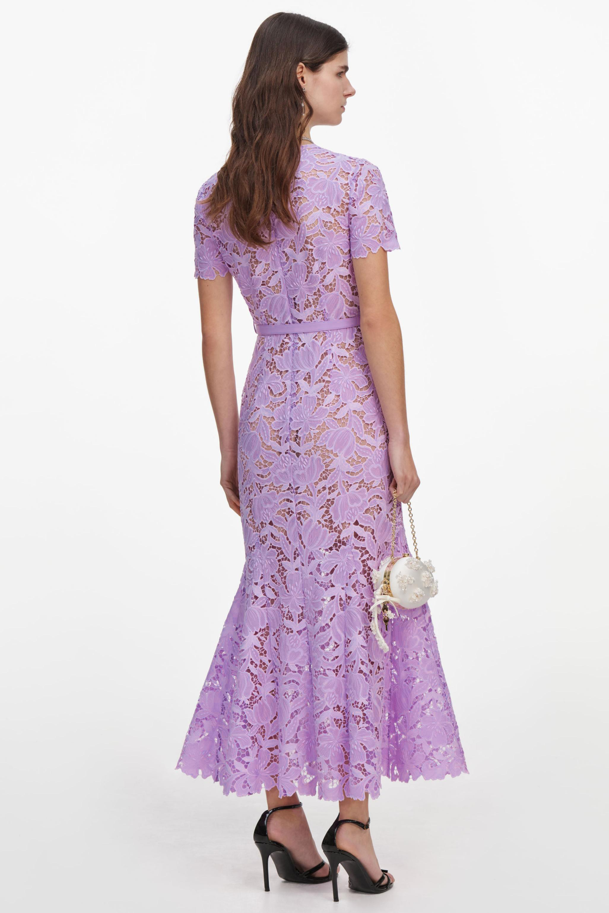 Lace Embroidered Midi Dress With Belt