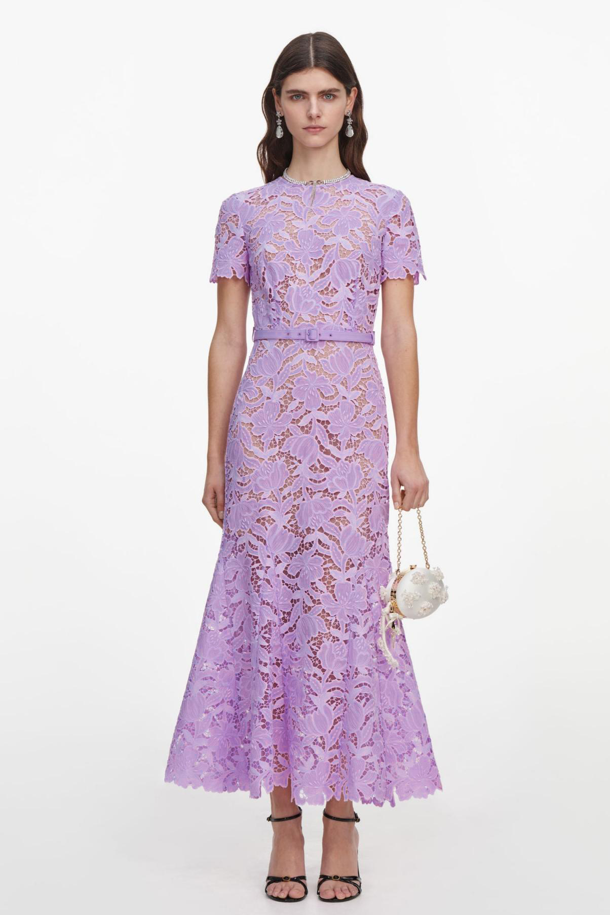 Lace Embroidered Midi Dress With Belt