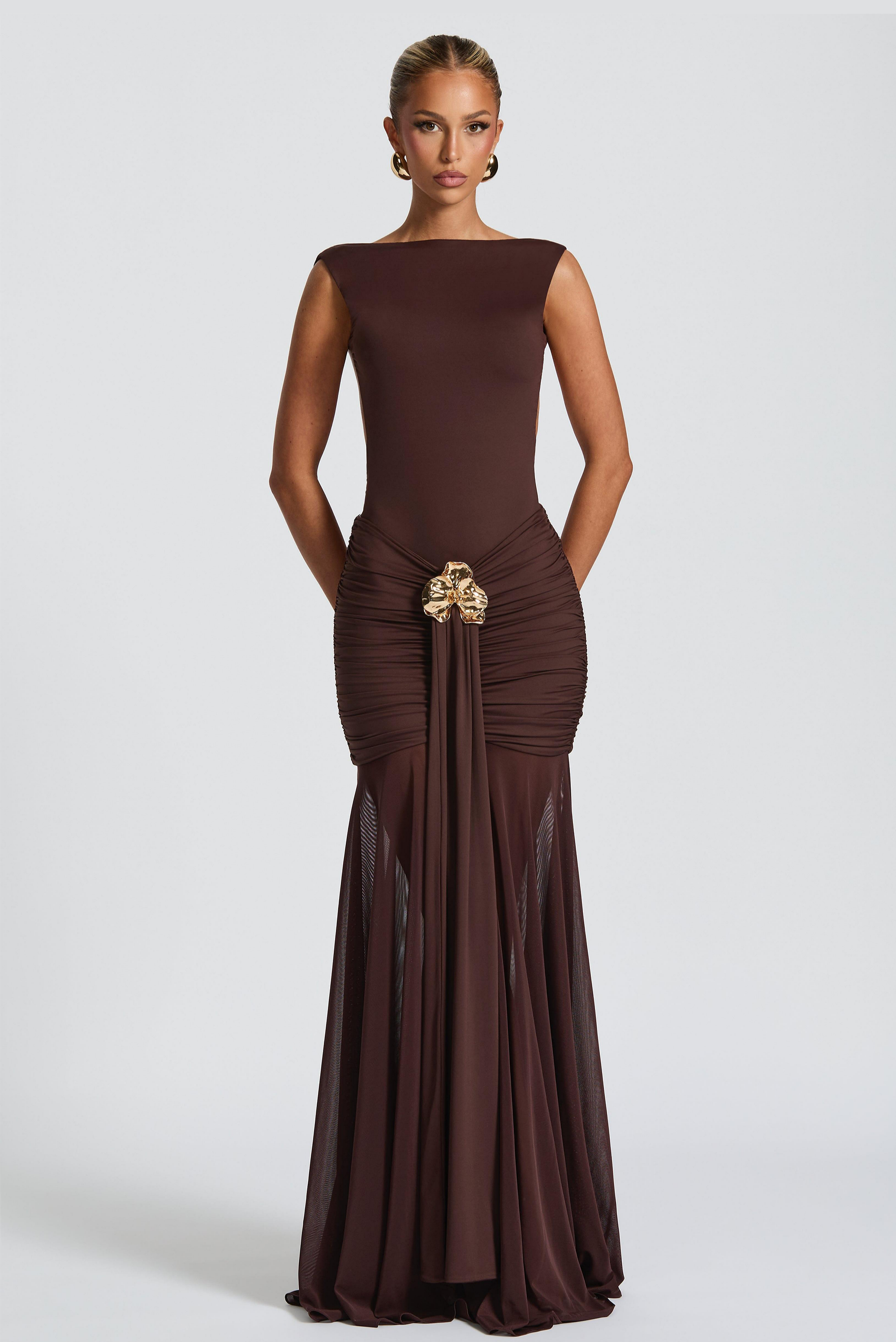 Sleeveless Gathering Metal Decorations Maxi Dress