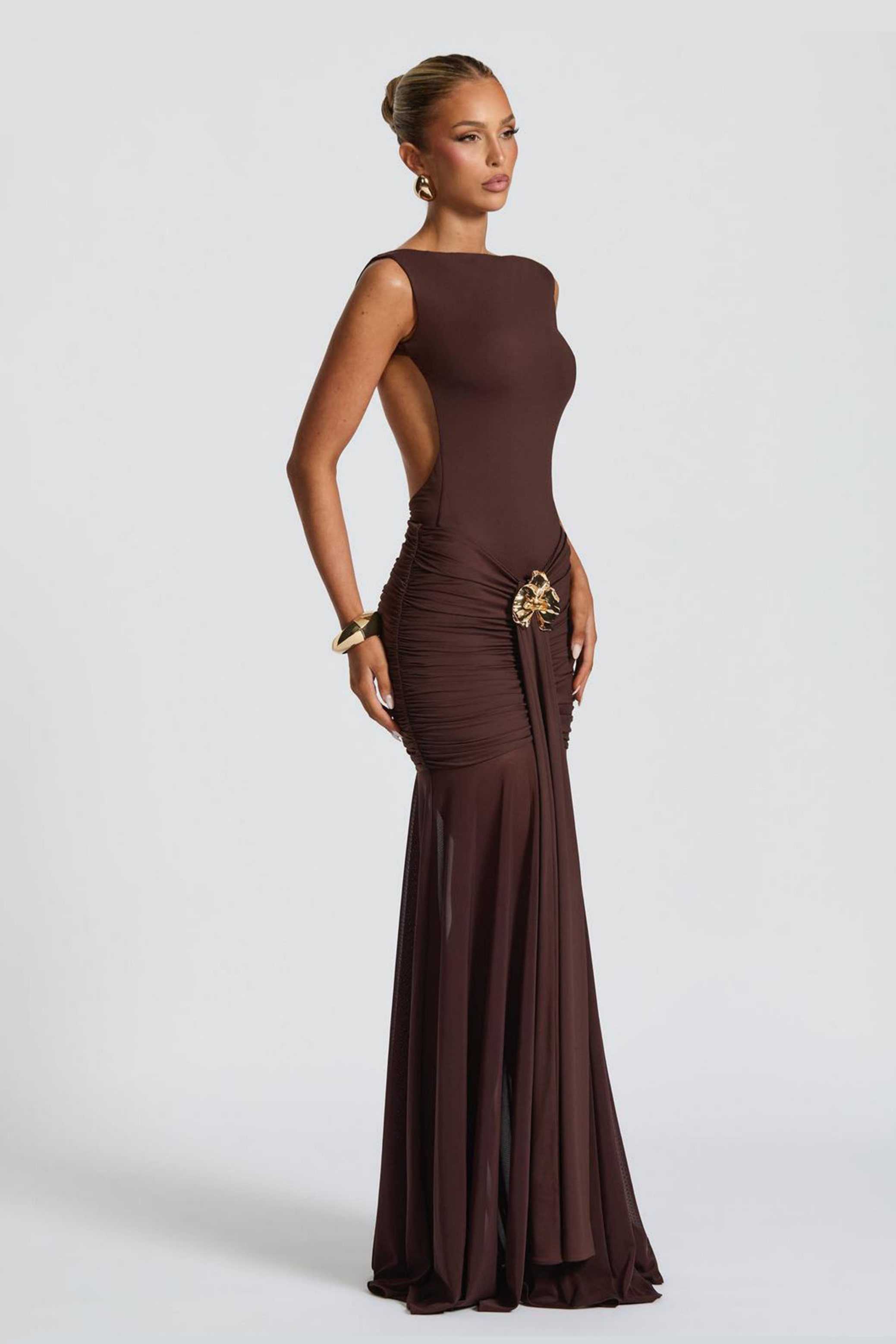 Sleeveless Gathering Metal Decorations Maxi Dress
