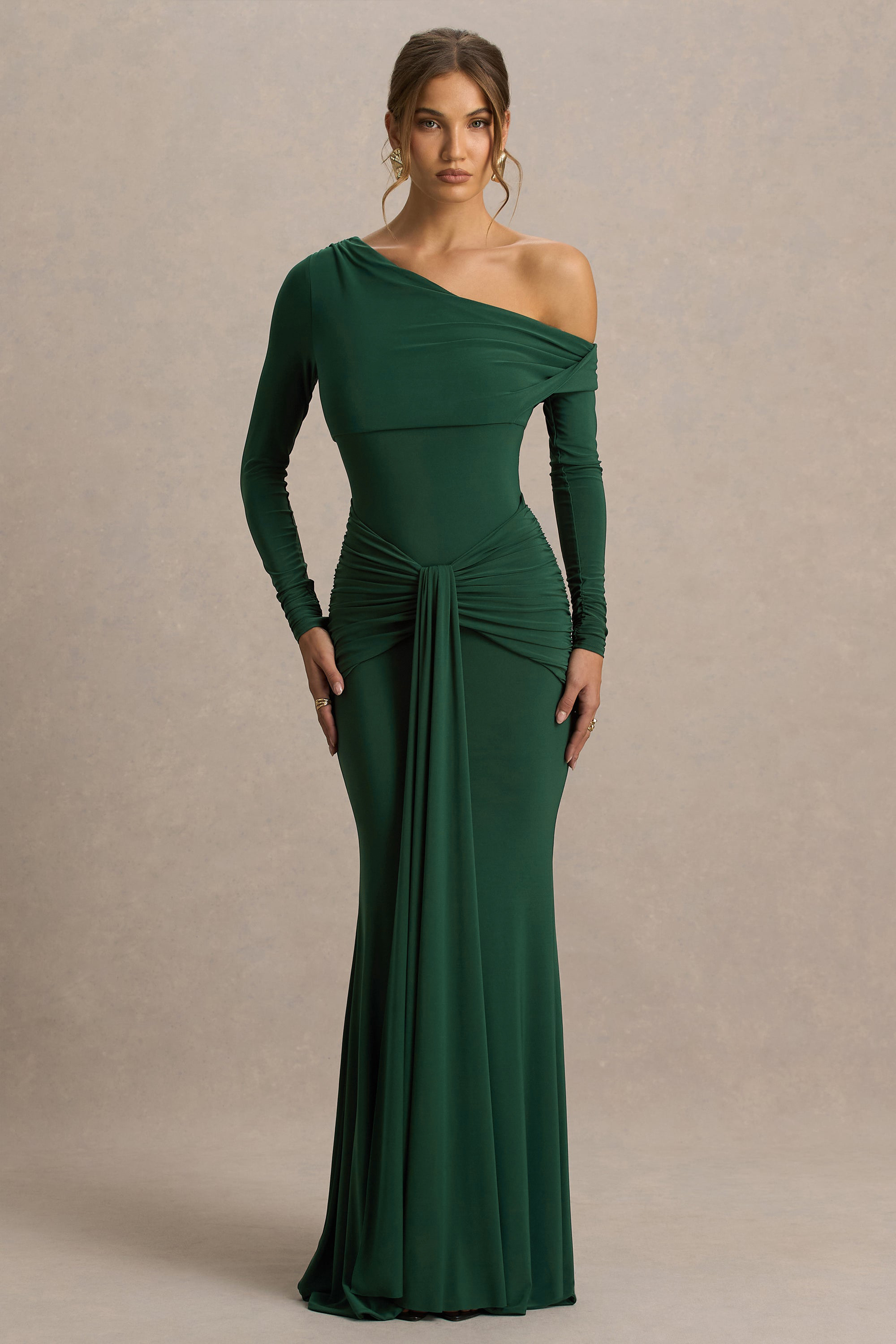 Jersey Skew Collar Gathering Maxi Dress