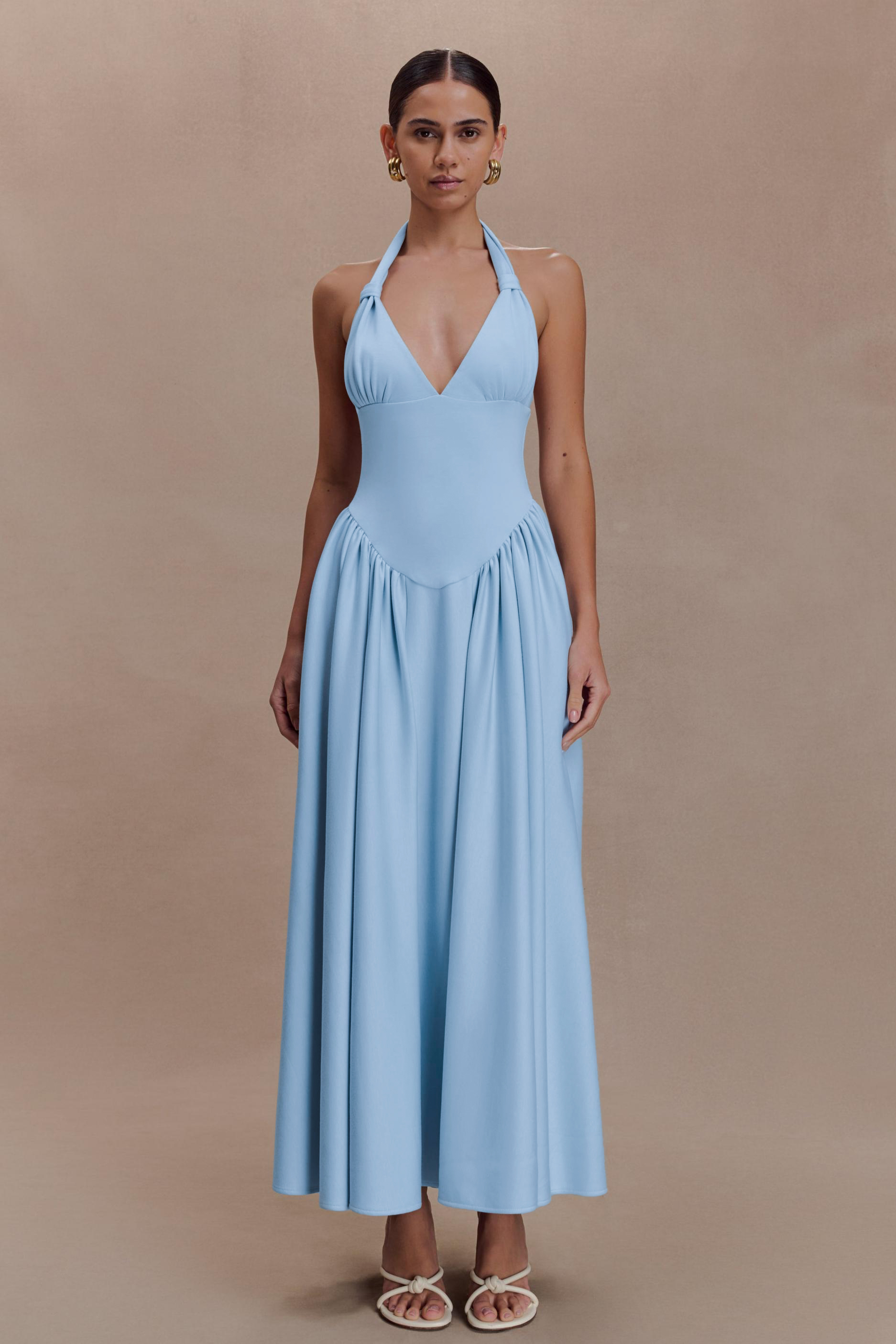 Solid Gathering Halter Neck Midi Dress