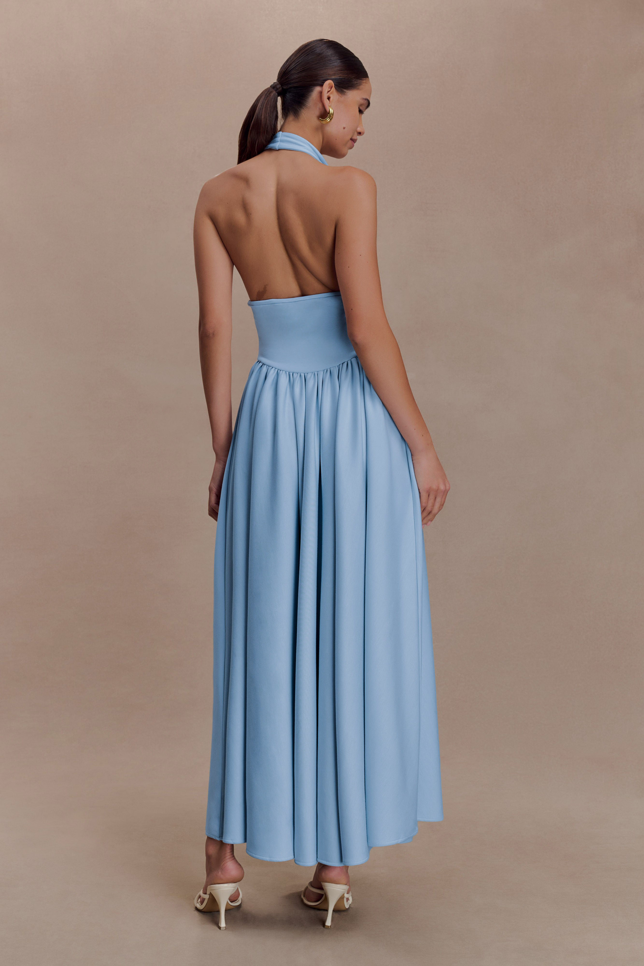 Solid Gathering Halter Neck Midi Dress