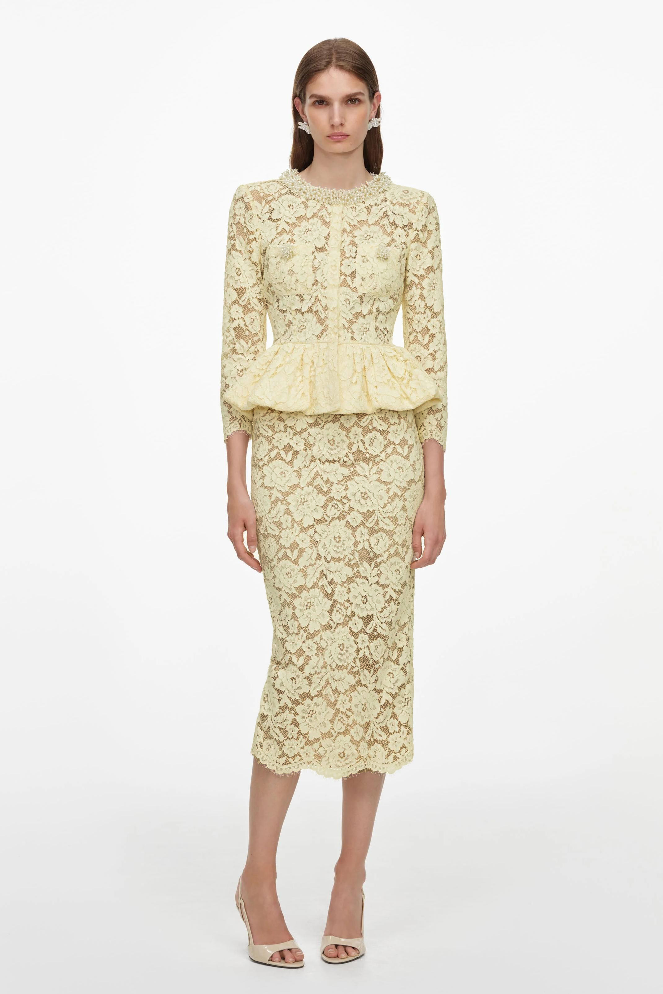 Lace Faux Pearl Ruffle Midi Dress