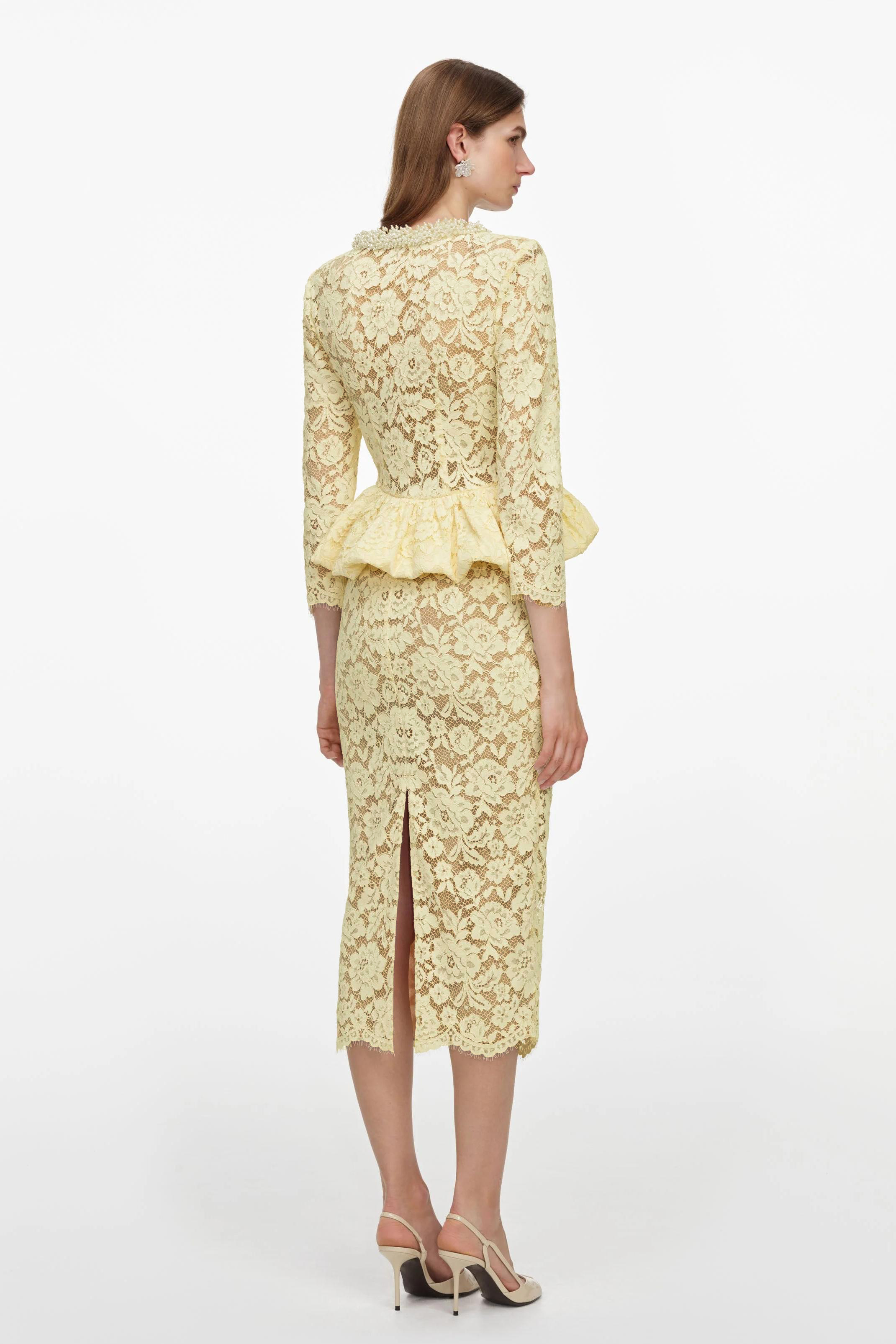 Lace Faux Pearl Ruffle Midi Dress