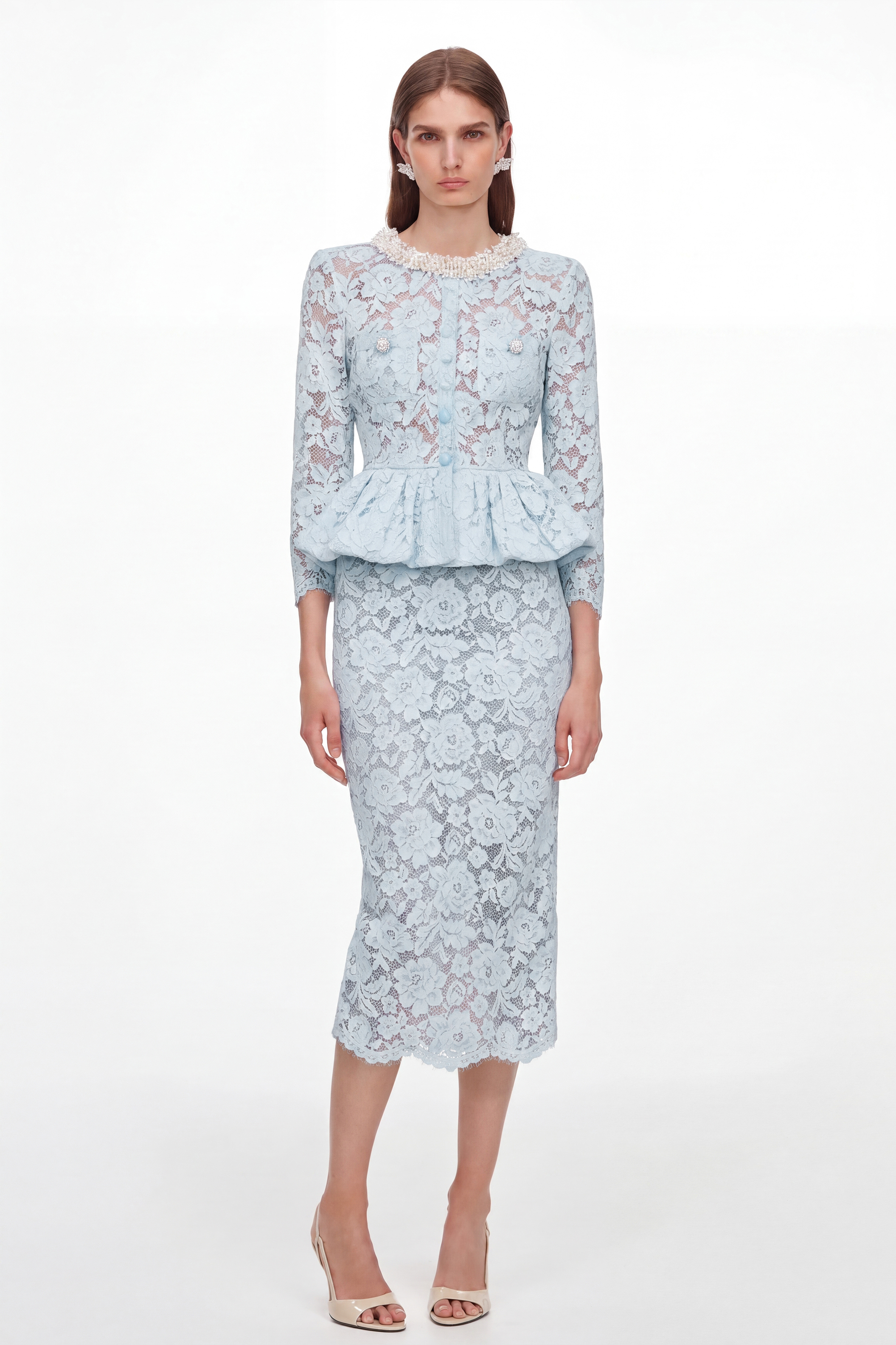 Lace Faux Pearl Ruffle Midi Dress