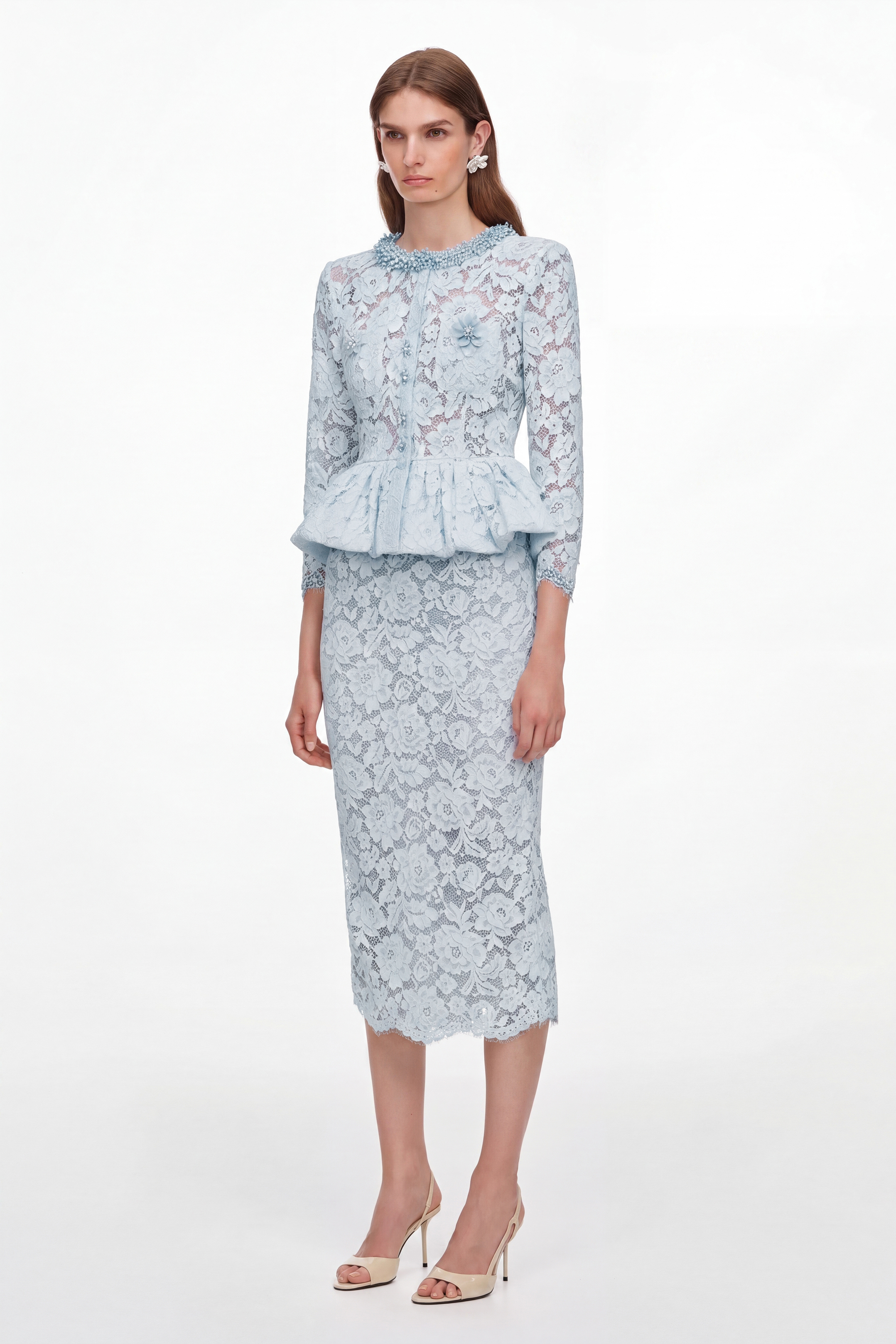 Lace Faux Pearl Ruffle Midi Dress