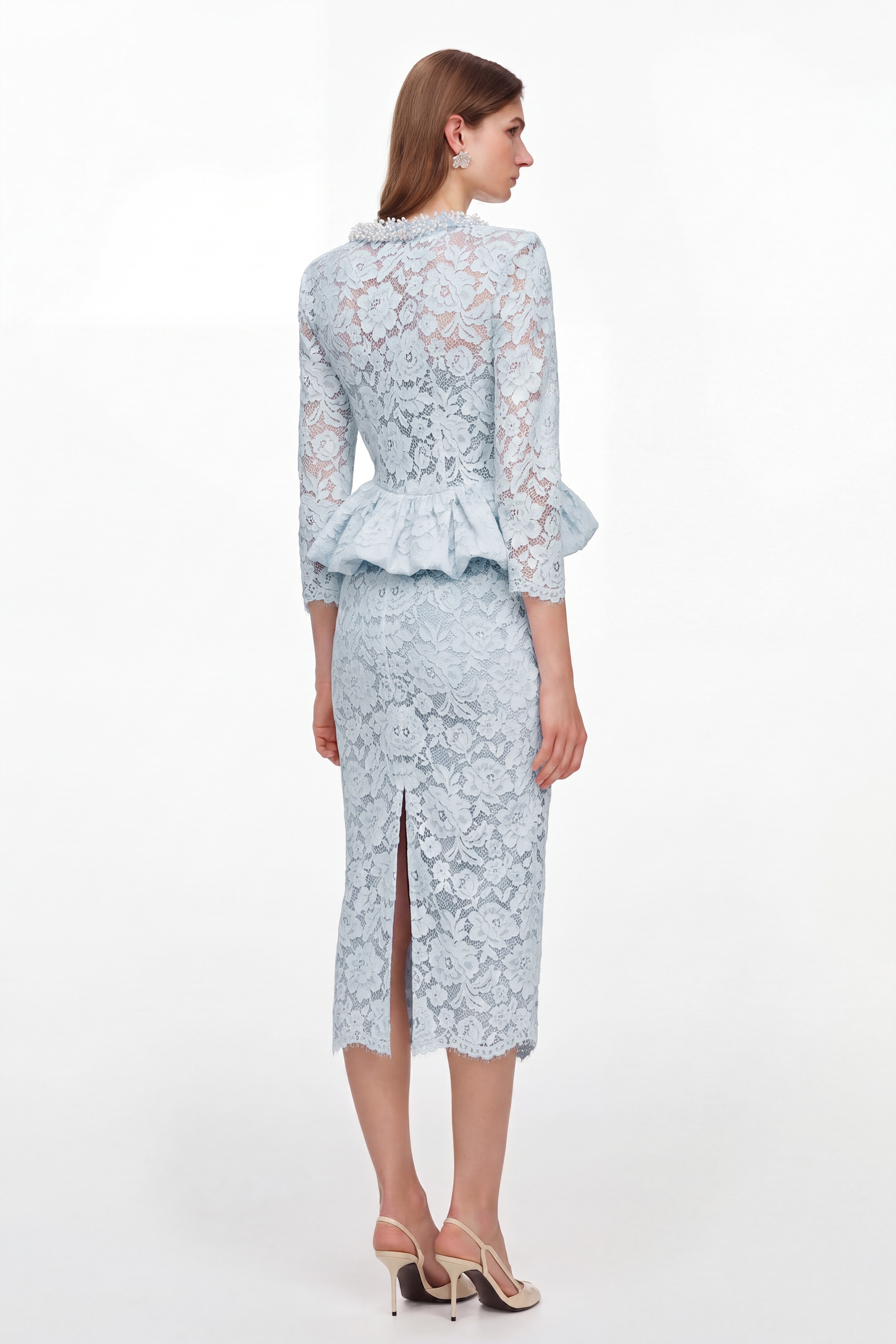 Lace Faux Pearl Ruffle Midi Dress