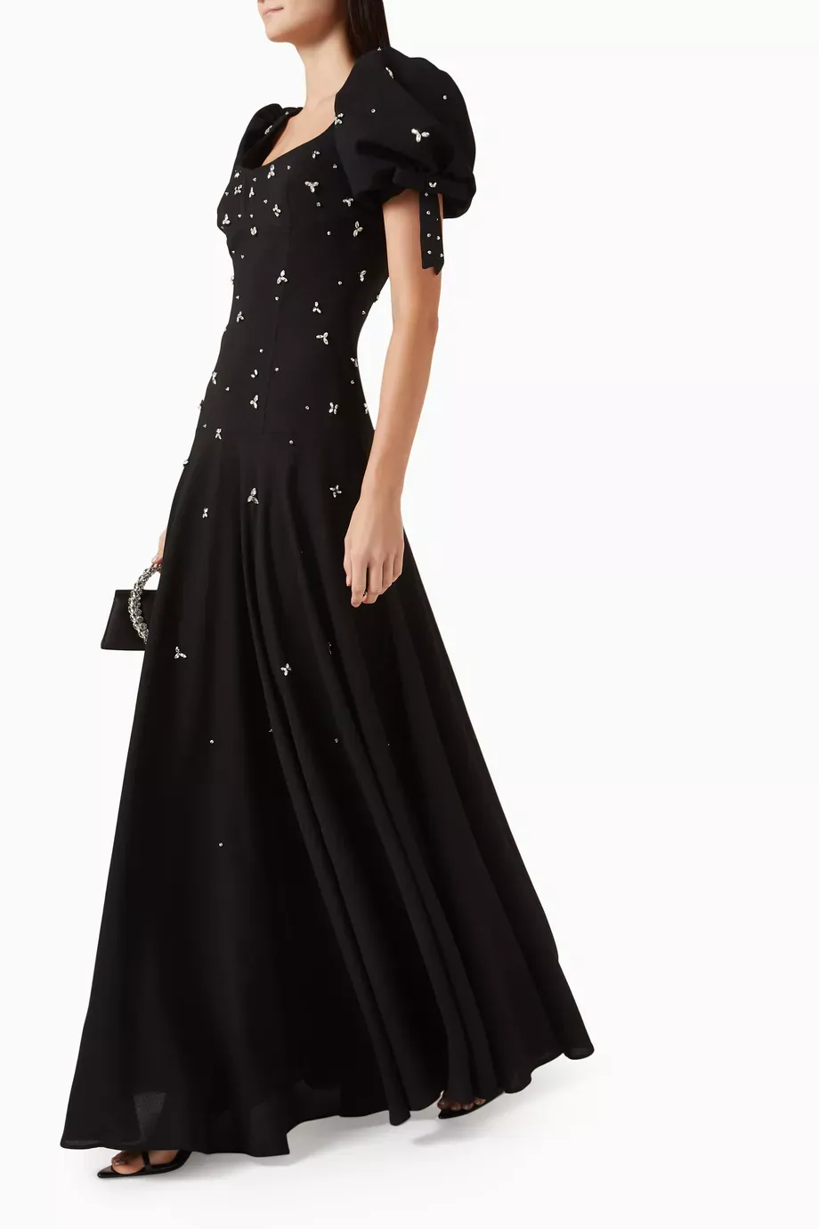 Rhinestone Round Neck Puff Sleeve Maxi Dress