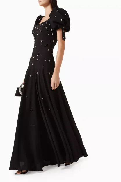 Rhinestone Round Neck Puff Sleeve Maxi Dress