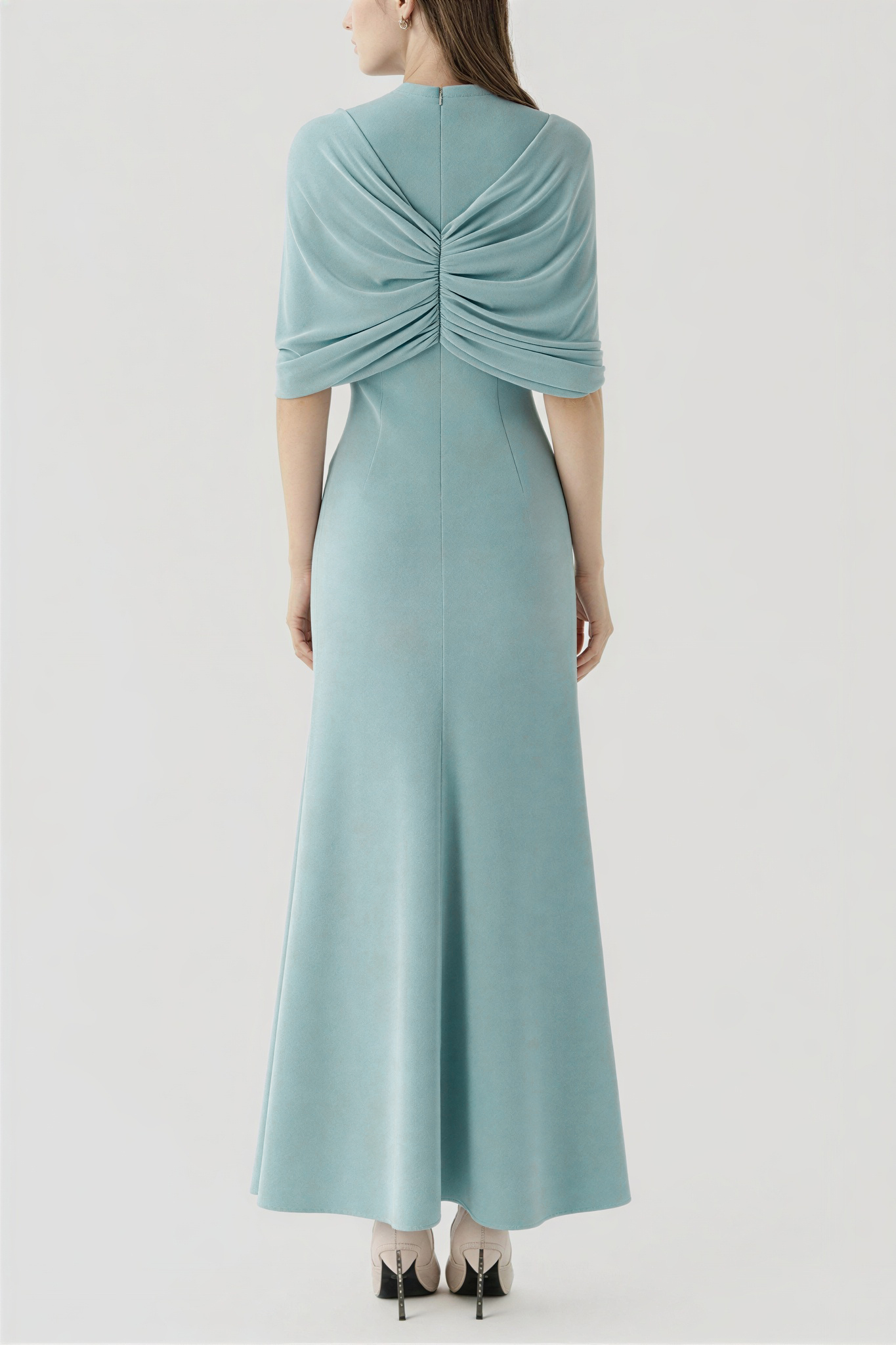 V-Neck Cape Sleeve Gathering Midi Dress