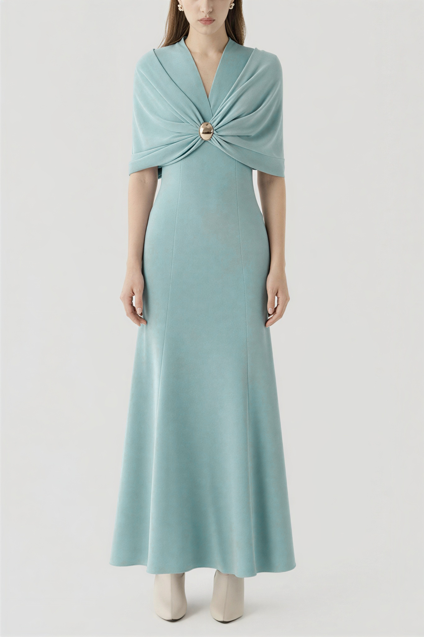 V-Neck Cape Sleeve Gathering Midi Dress