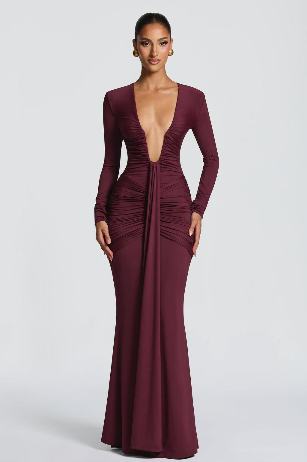 V-Neck Gathering Long Sleeve Maxi Dress