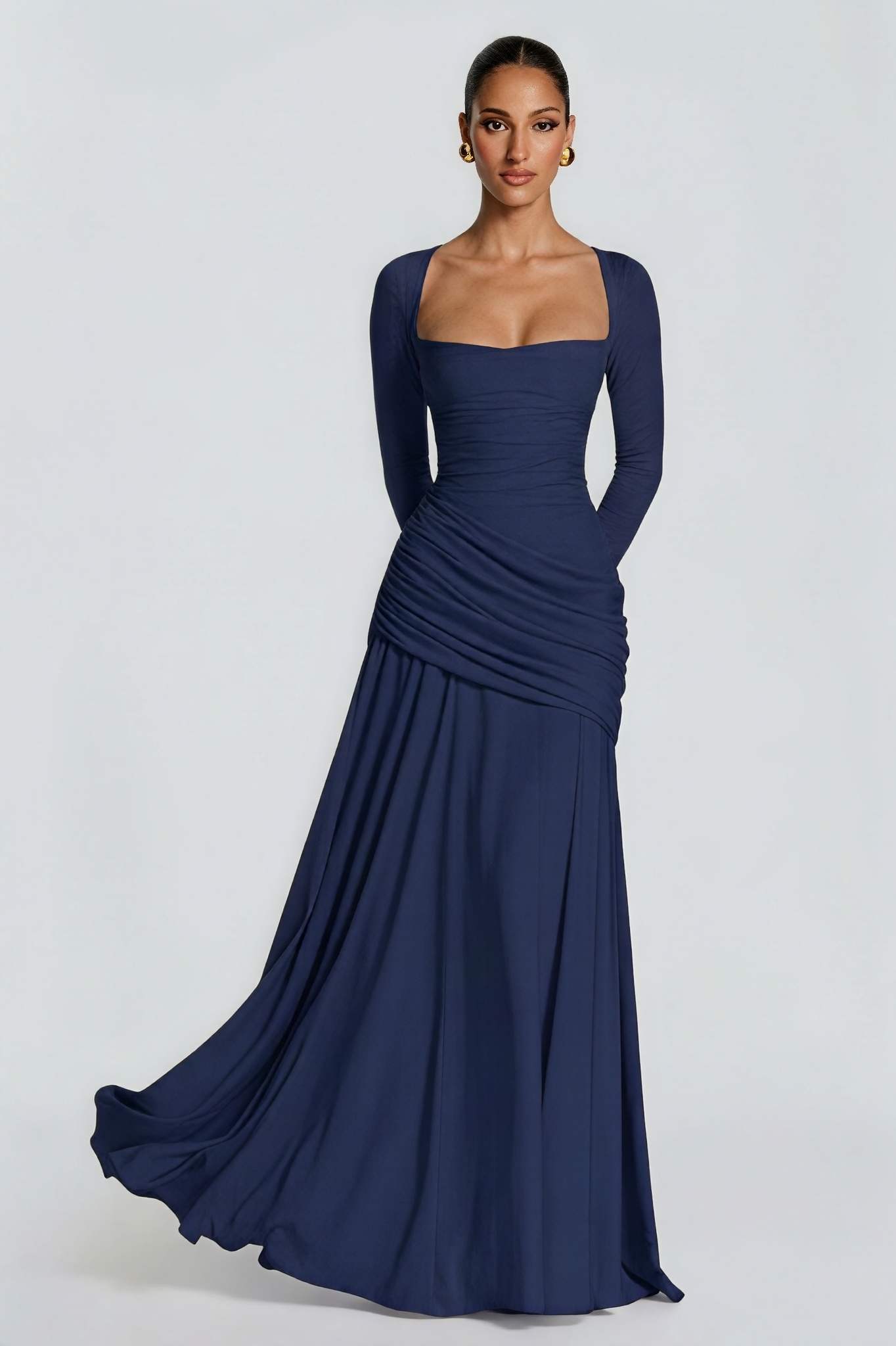 Square Collar Gathering Long Sleeve Maxi Dress