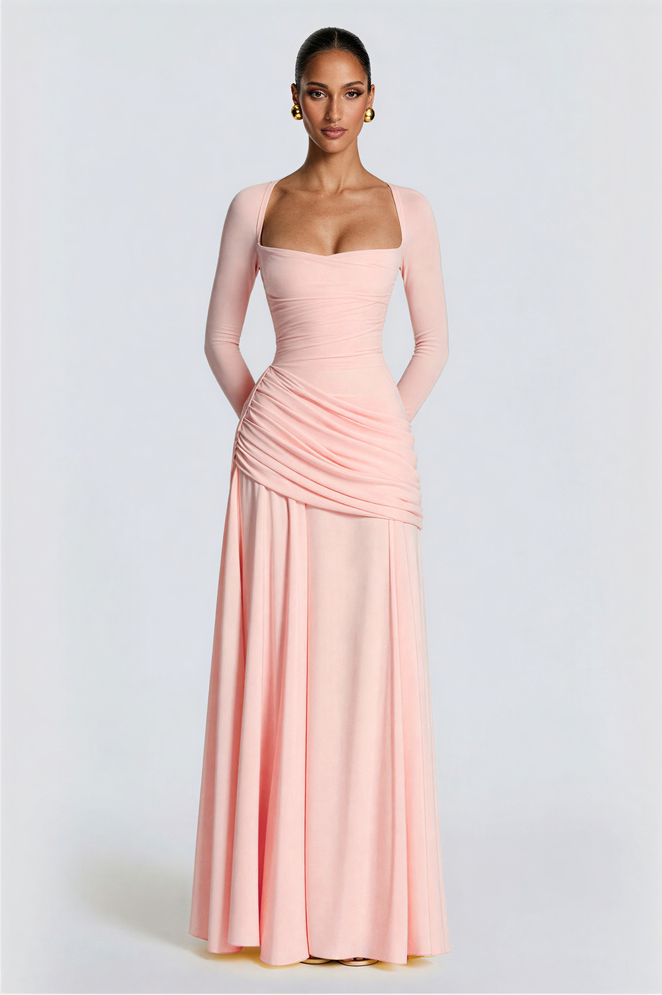 Square Collar Gathering Long Sleeve Maxi Dress