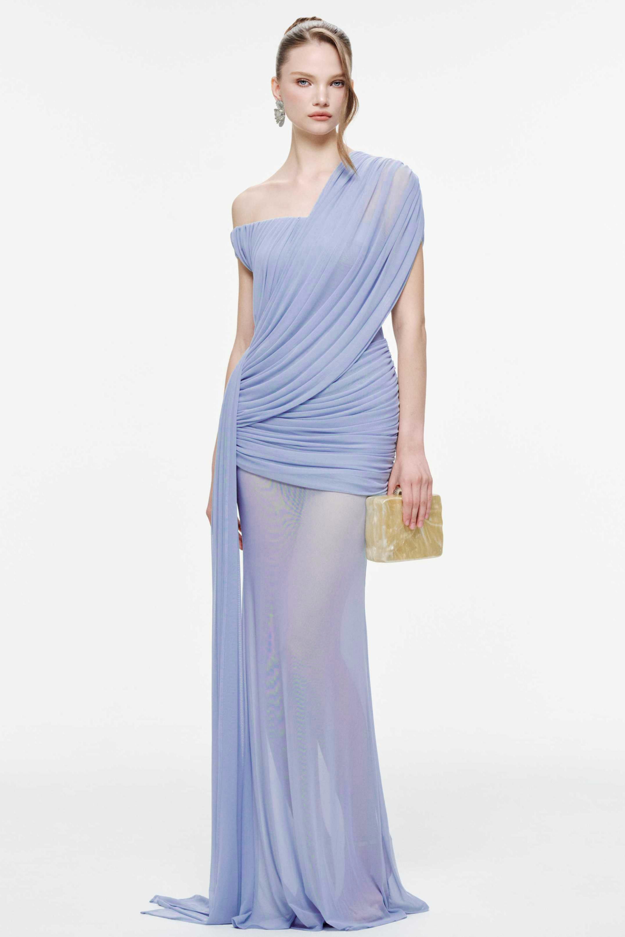 One Shoulder Gathering Streamer Maxi Dress