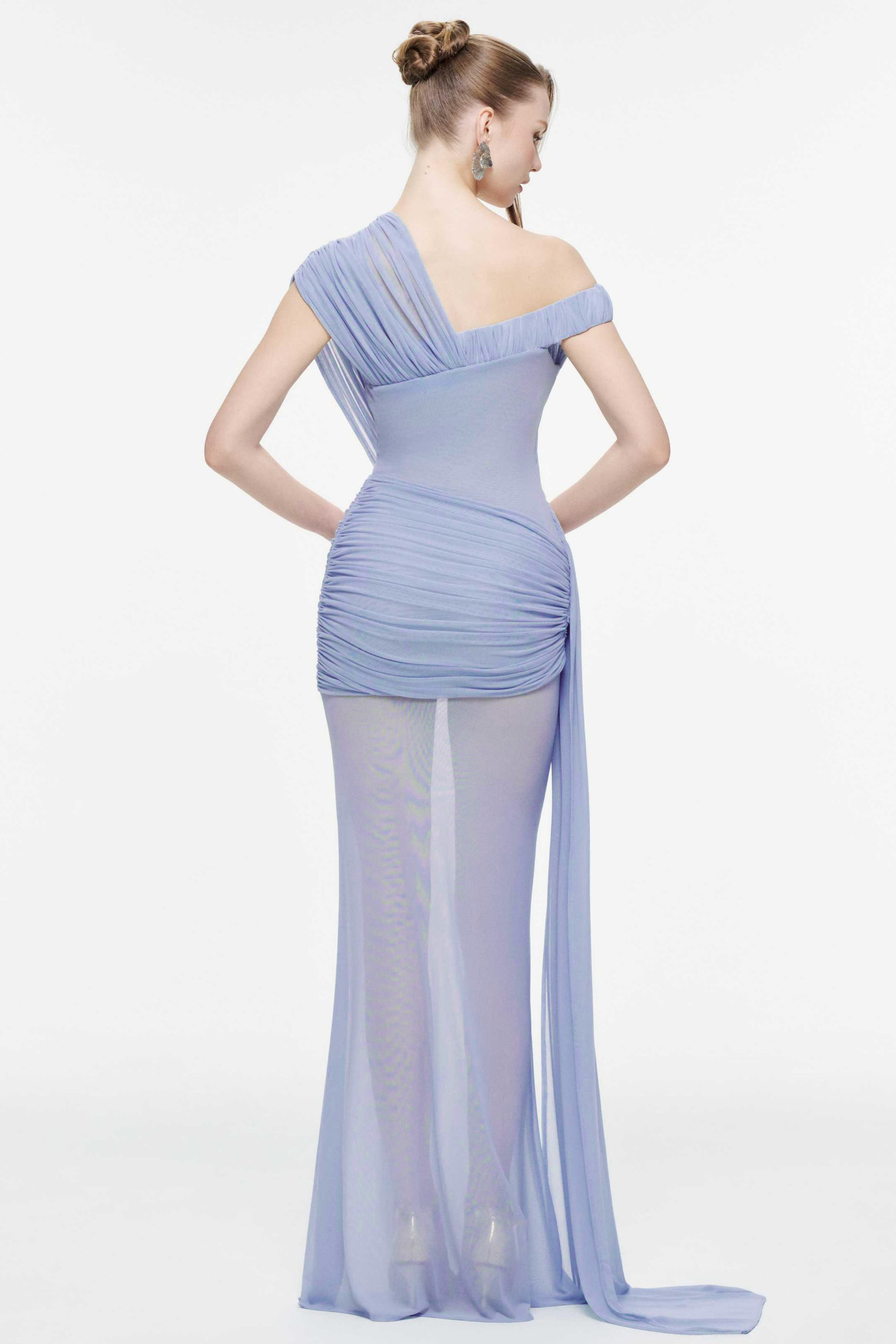 One Shoulder Gathering Streamer Maxi Dress
