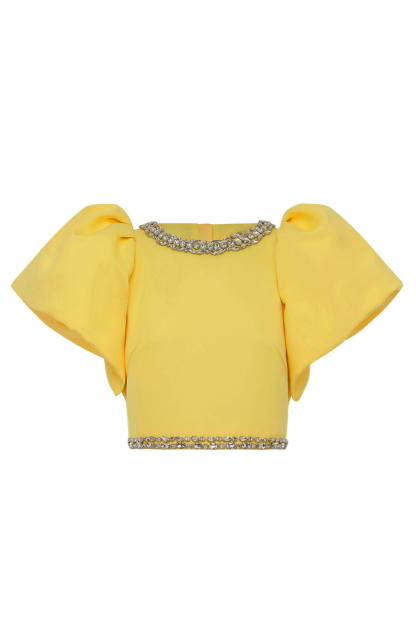 Rhinestone Puff Sleeve Top & High Waist Midi Skirt Set