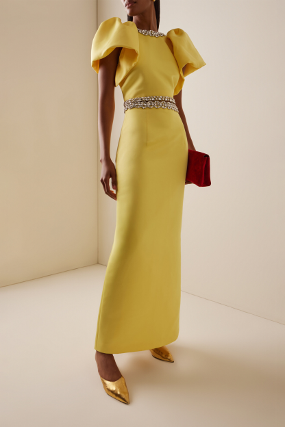 Rhinestone Puff Sleeve Top & High Waist Midi Skirt Set