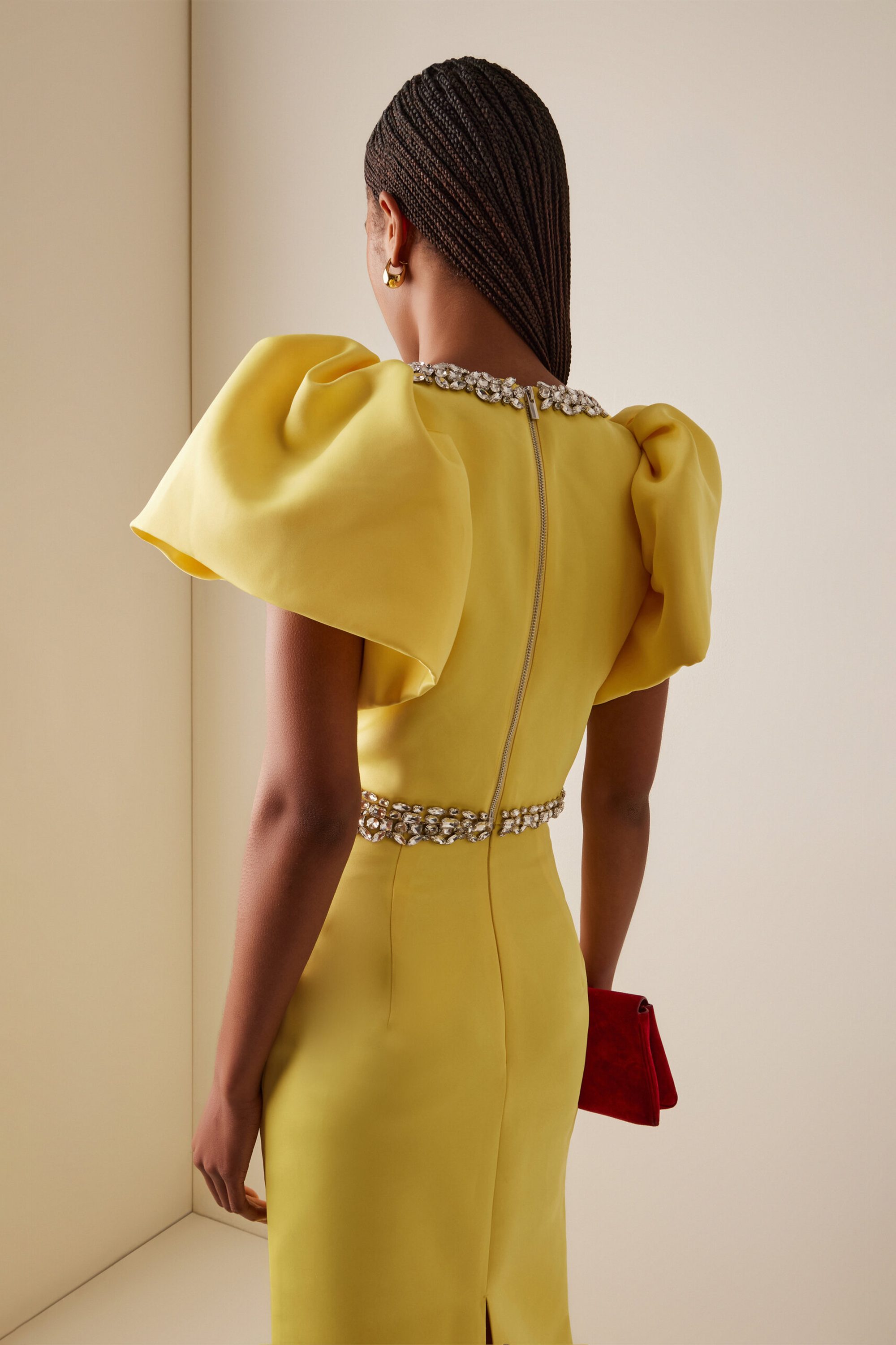 Rhinestone Puff Sleeve Top & High Waist Midi Skirt Set
