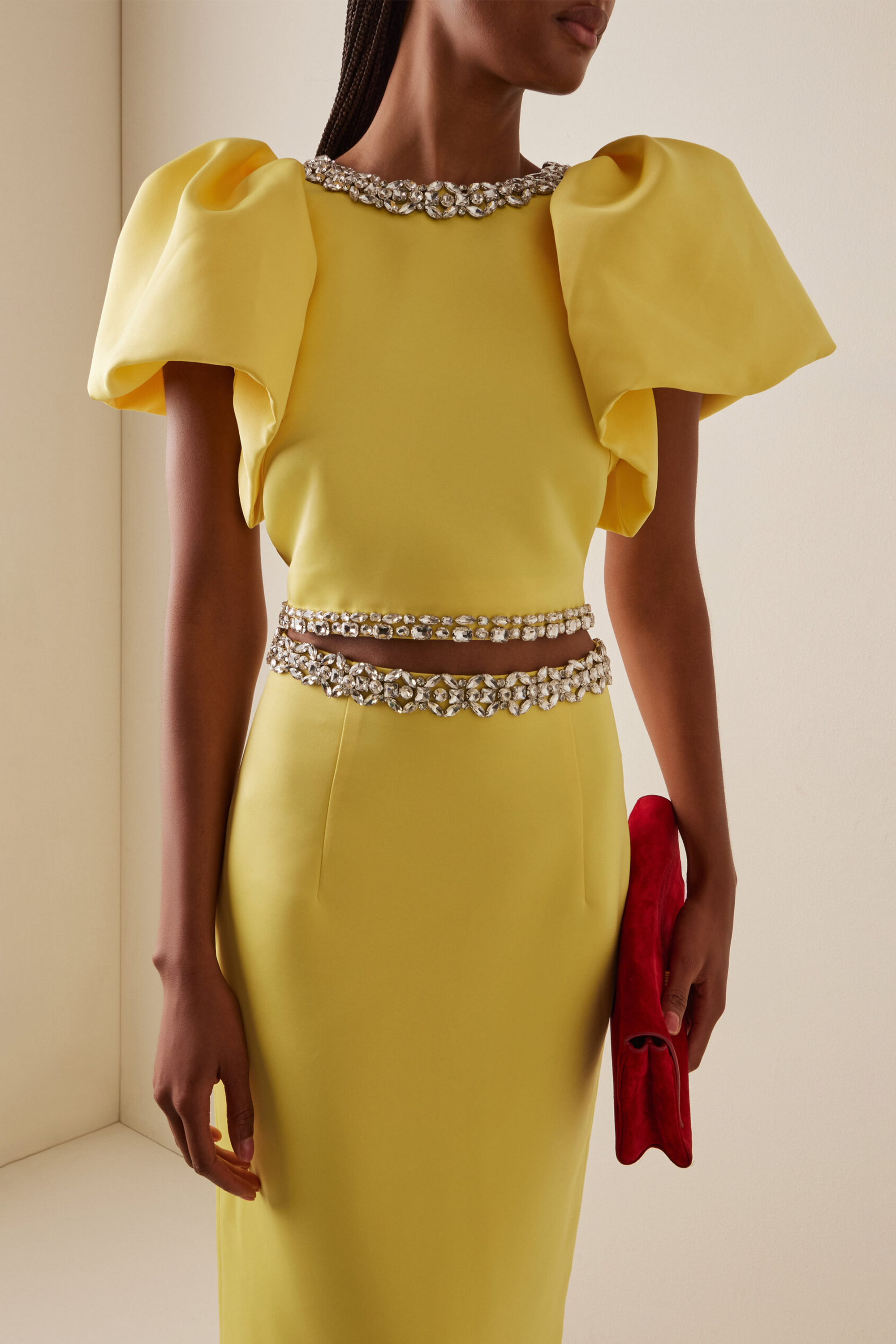 Rhinestone Puff Sleeve Top & High Waist Midi Skirt Set
