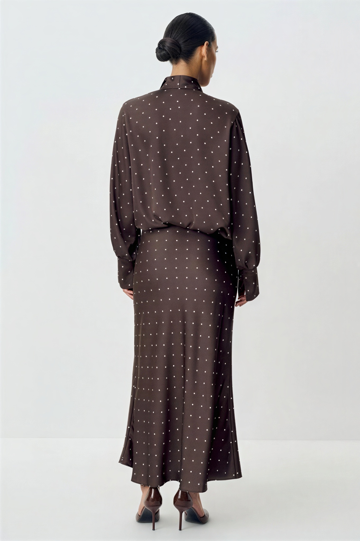 Polka Dot Lantern Sleeve Top & High Waist Midi Skirt Set