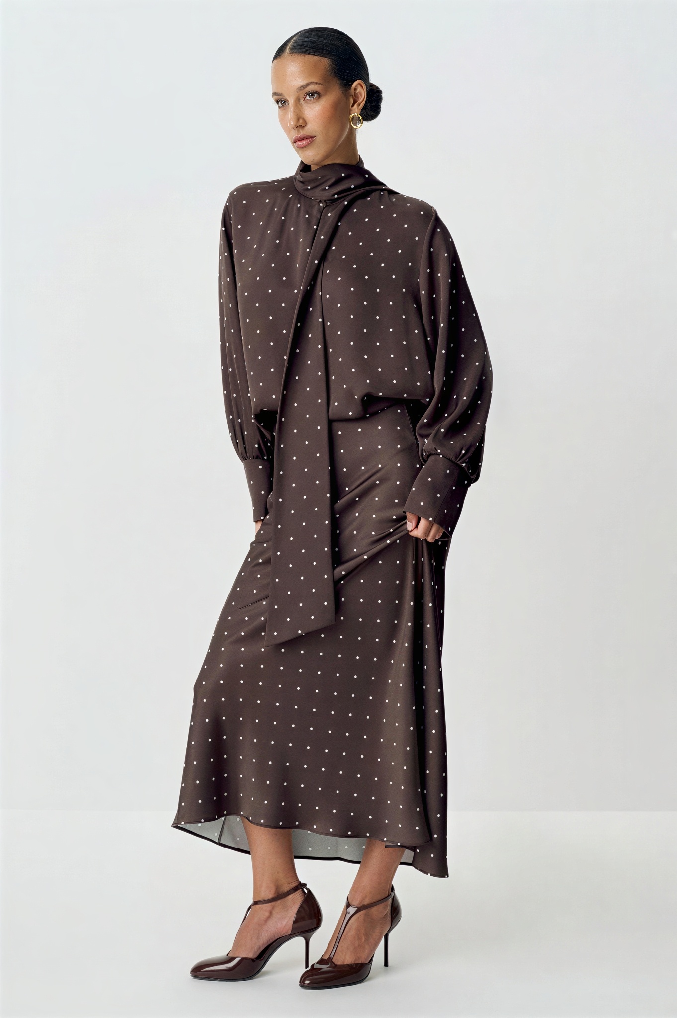 Polka Dot Lantern Sleeve Top & High Waist Midi Skirt Set