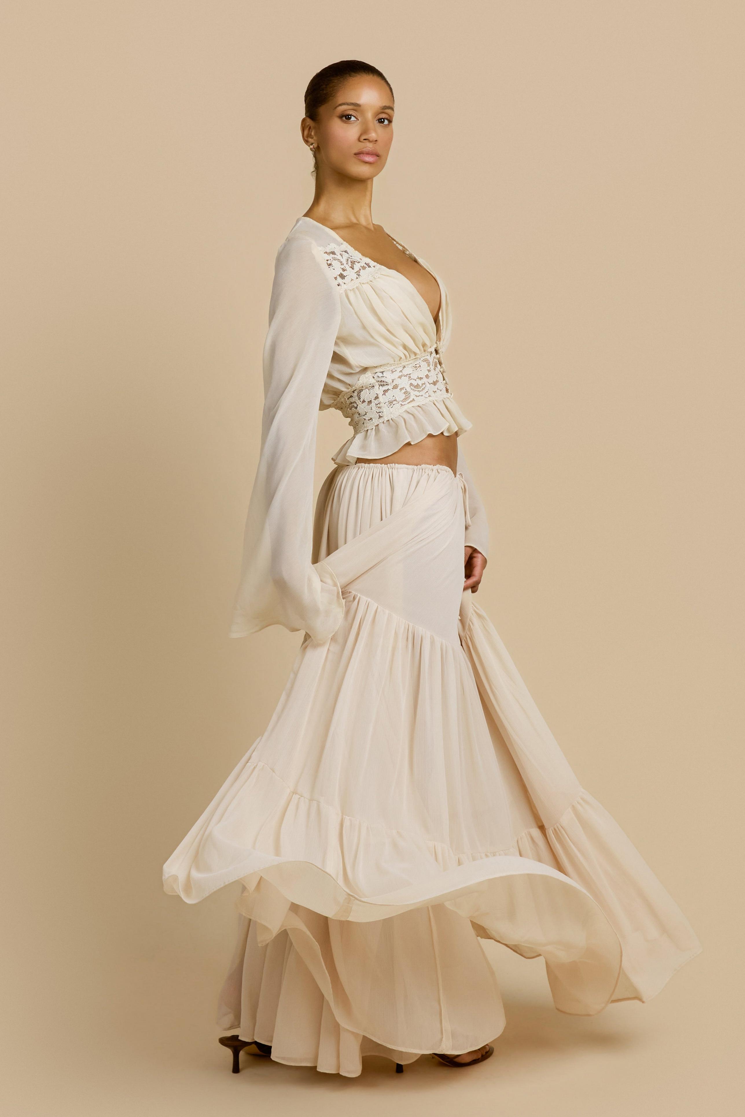 Lace Button Top & Mid Waist Maxi Skirt Set